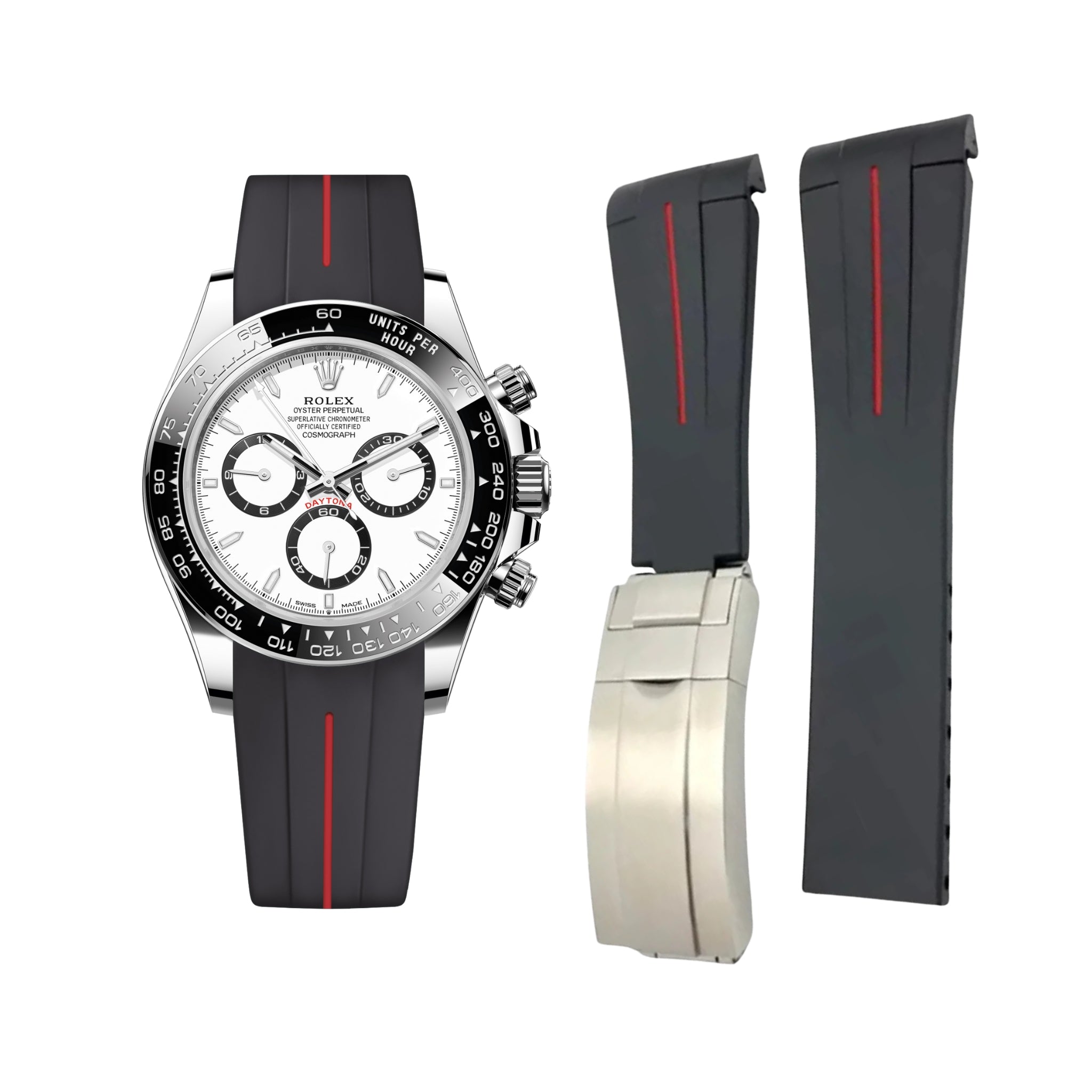 Deployant Rubber Strap - For Rolex Daytona - Black w/Red Line | LuxLine® - Helvetus