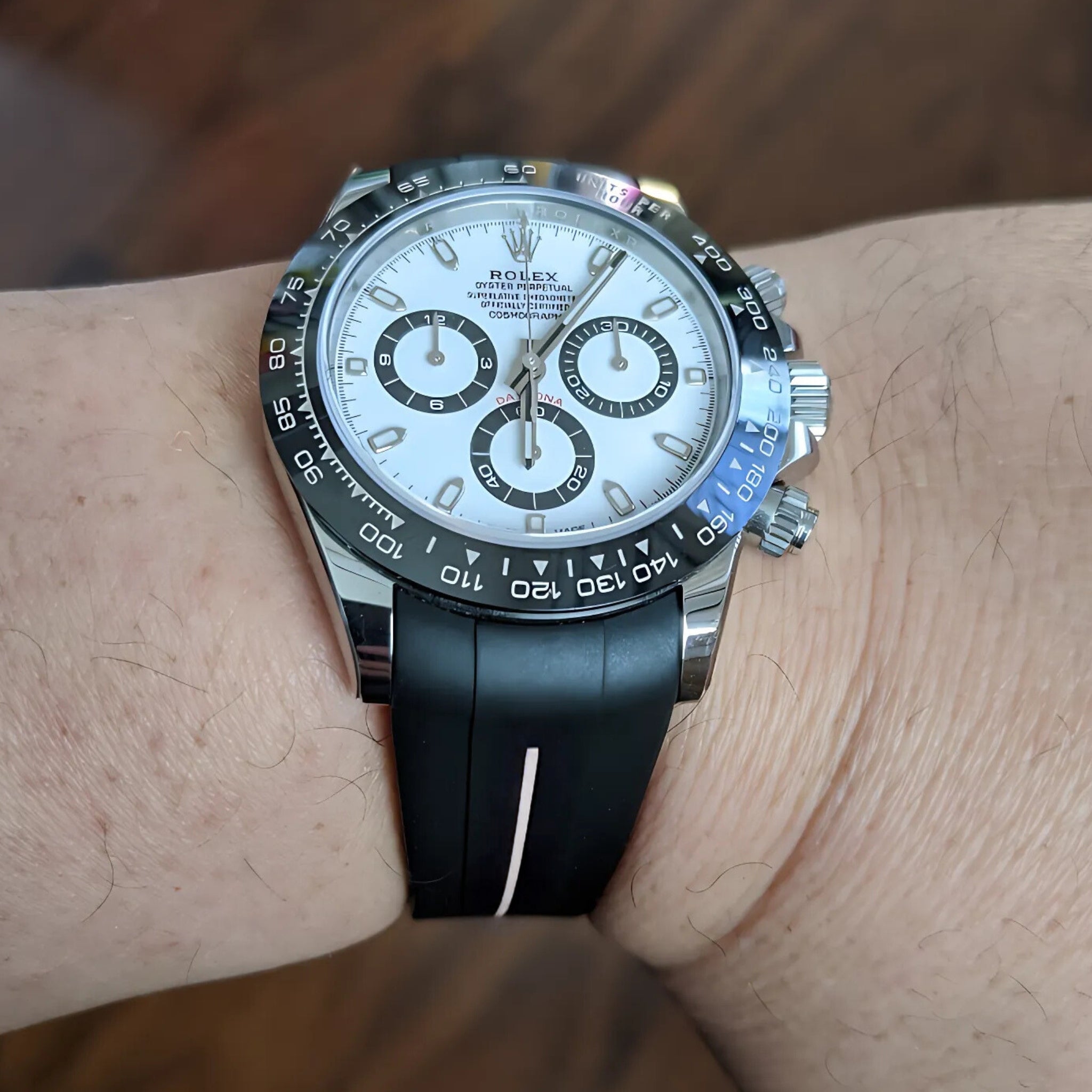 Deployant Rubber Strap - For Rolex Daytona - Black w/White Line | LuxLine® - Helvetus