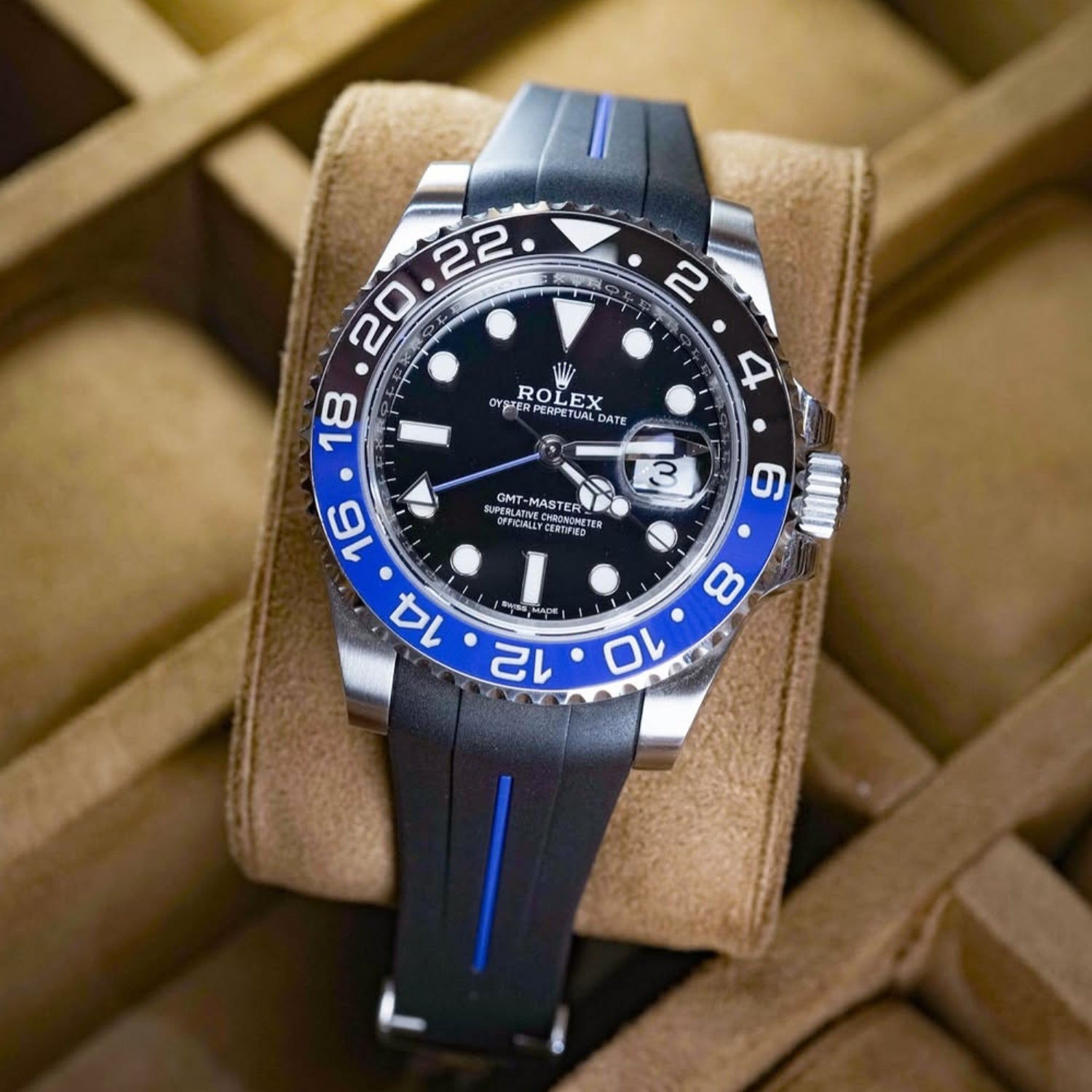Deployant Rubber Strap - For Rolex GMT - Master II - Black w/Blue Line | LuxLine® - Helvetus