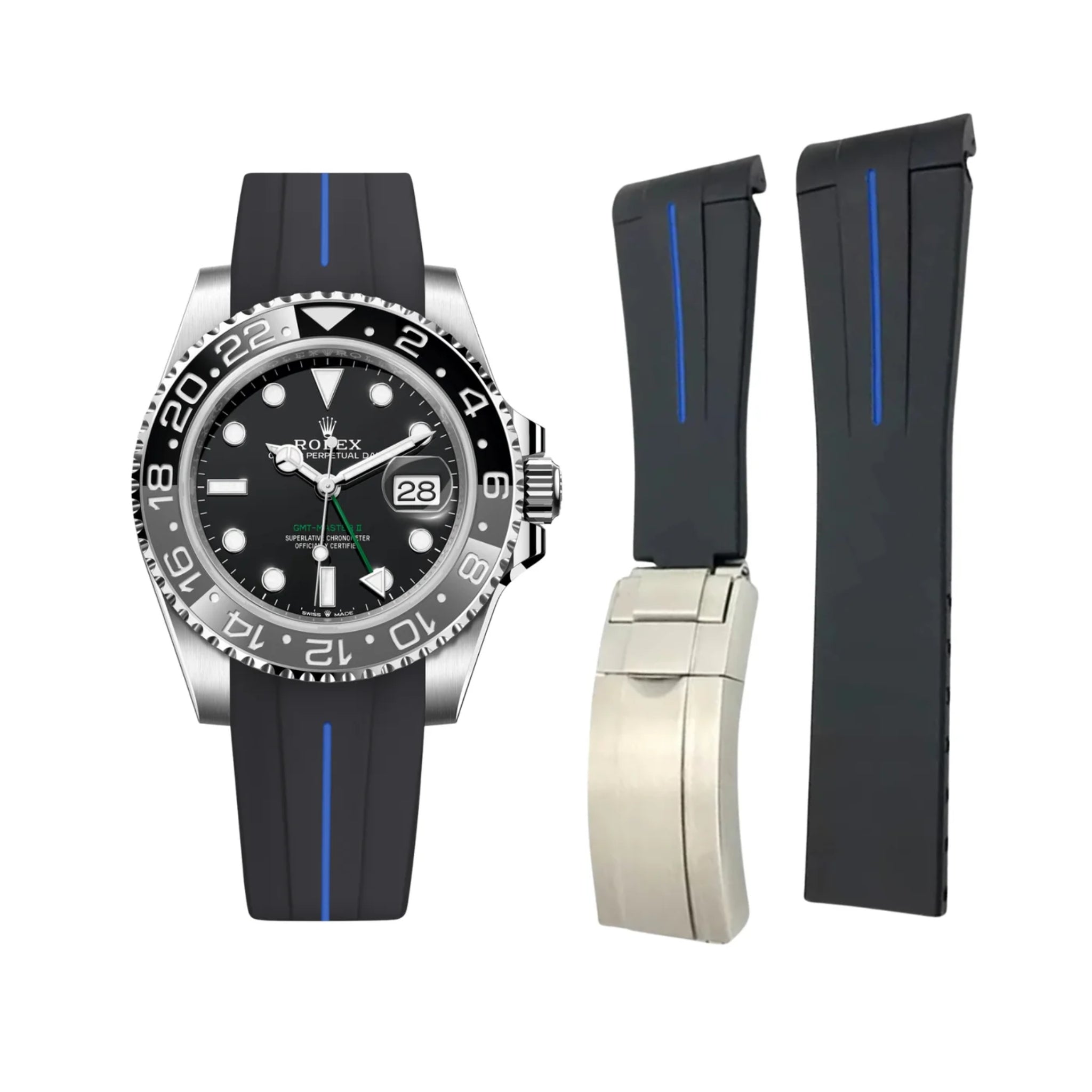 Deployant Rubber Strap - For Rolex GMT - Master II - Black w/Blue Line | LuxLine® - Helvetus