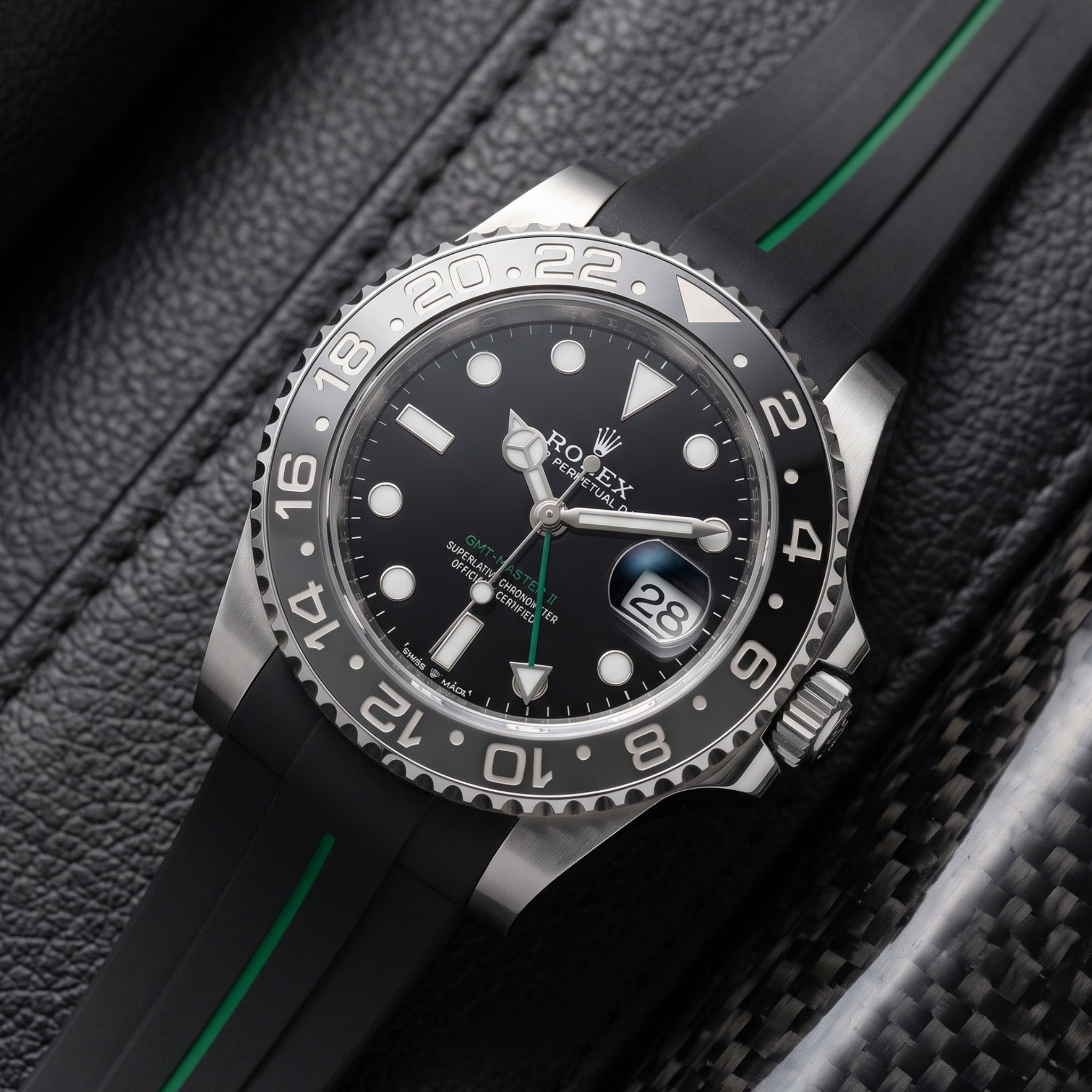 Deployant Rubber Strap - For Rolex GMT-Master II - Black w/Green Line | LuxLine® - Helvetus
