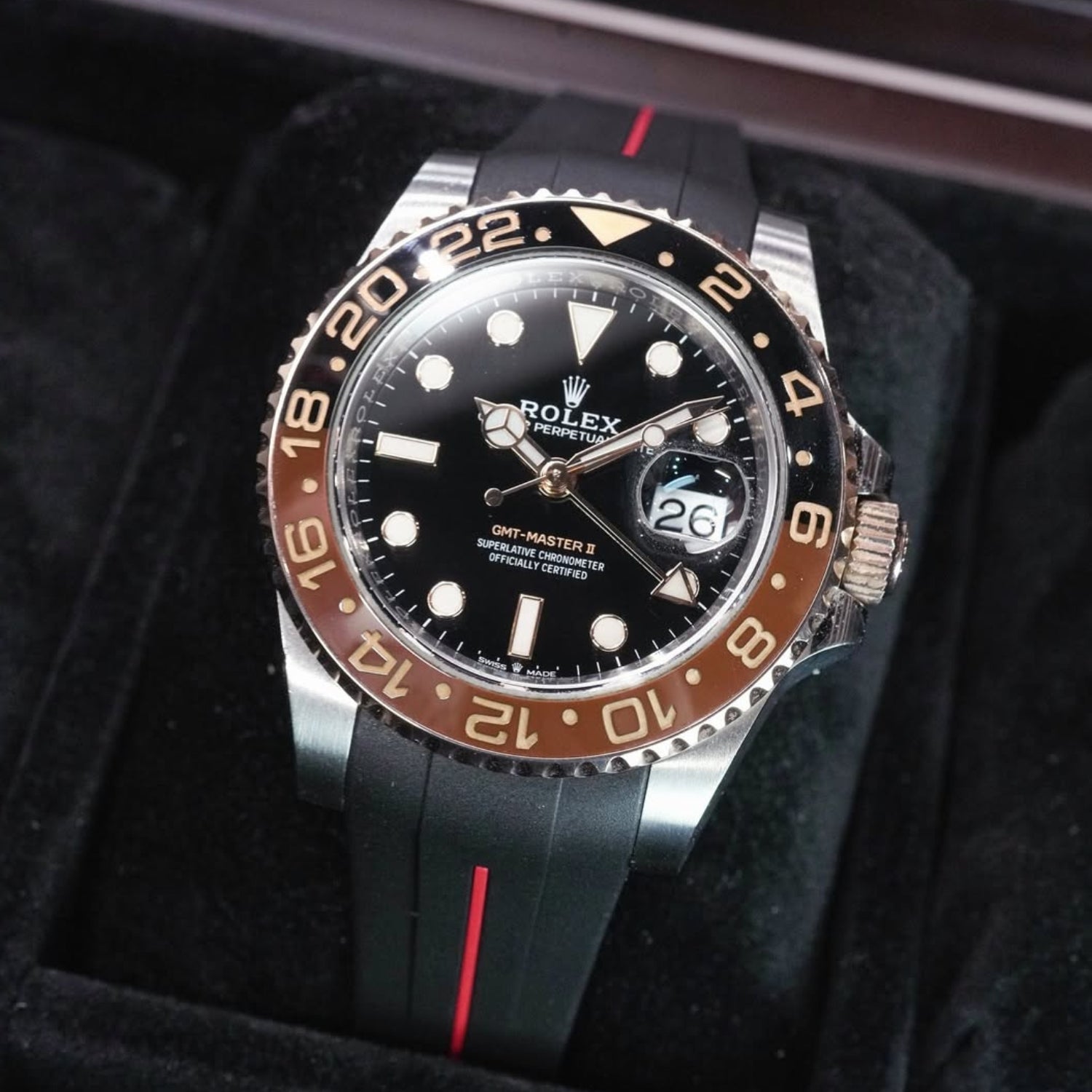Deployant Rubber Strap - For Rolex GMT - Master II - Black w/Red Line | LuxLine® - Helvetus