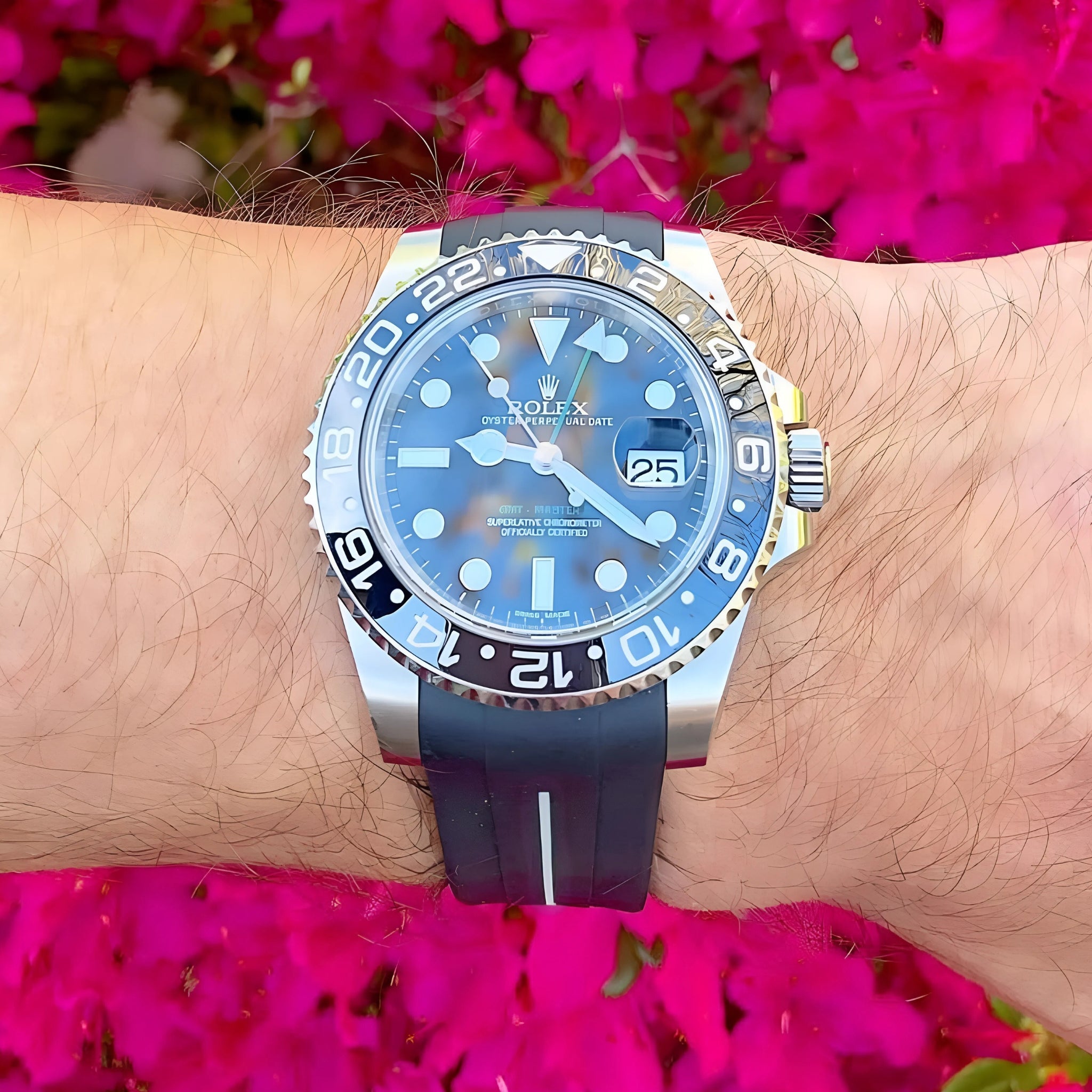 Deployant Rubber Strap - For Rolex GMT - Master II - Black w/White Line | LuxLine® - Helvetus
