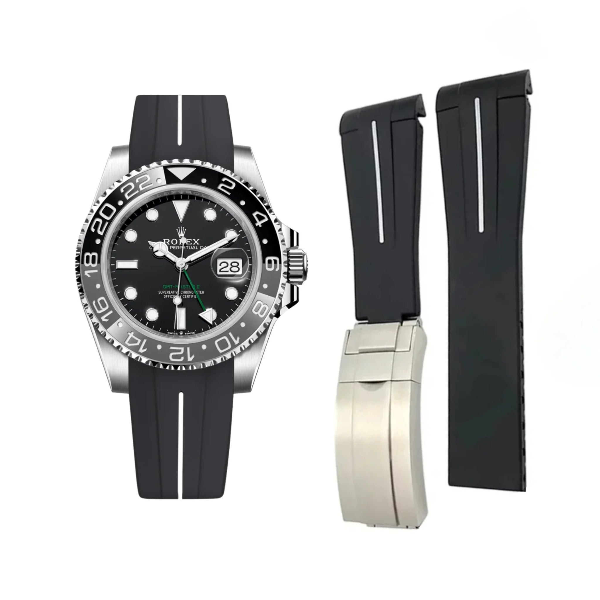 Deployant Rubber Strap - For Rolex GMT - Master II - Black w/White Line | LuxLine® - Helvetus