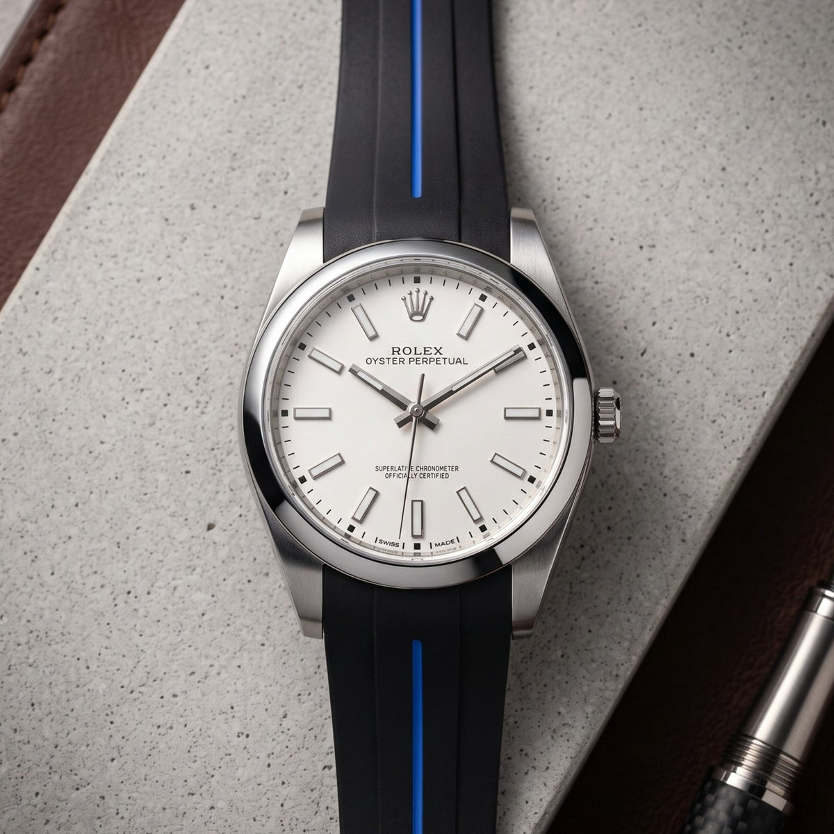 Deployant Rubber Strap - For Rolex Oyster Perpetual 39mm - Black w/Blue Line | LuxLine® - Helvetus