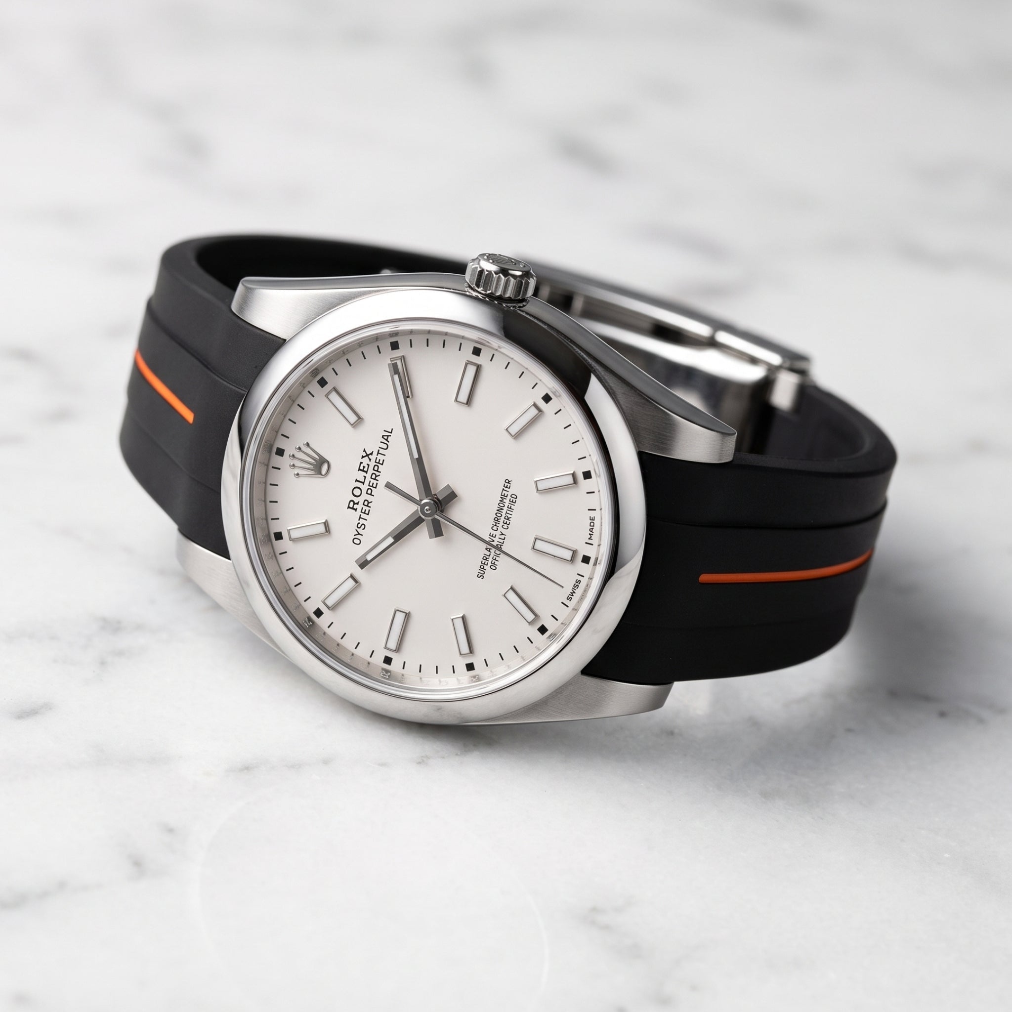 Deployant Rubber Strap - For Rolex Oyster Perpetual 39mm - Black w/Orange Line | LuxLine® - Helvetus