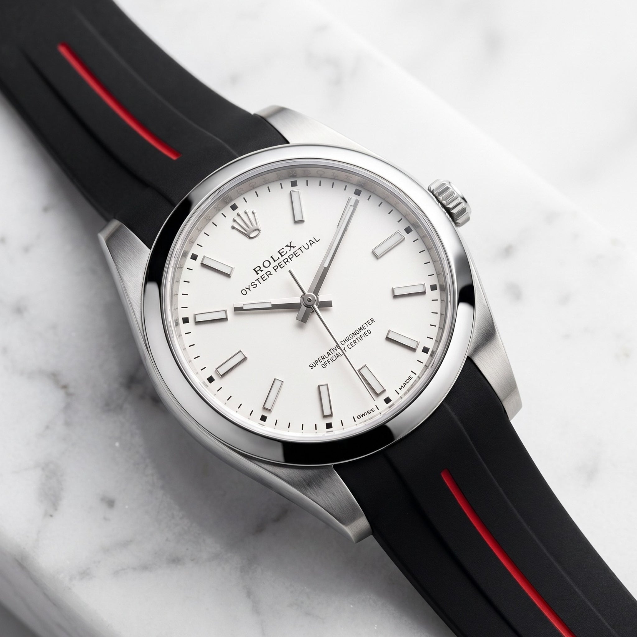 Deployant Rubber Strap - For Rolex Oyster Perpetual 39mm - Black w/Red Line | LuxLine® - Helvetus