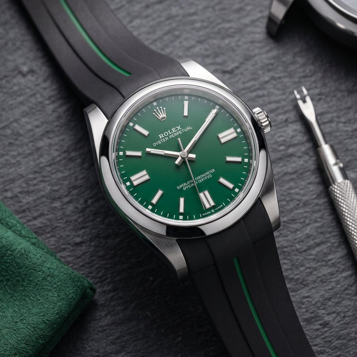 Deployant Rubber Strap - For Rolex Oyster Perpetual 41mm - Black w/Green Line | LuxLine® - Helvetus