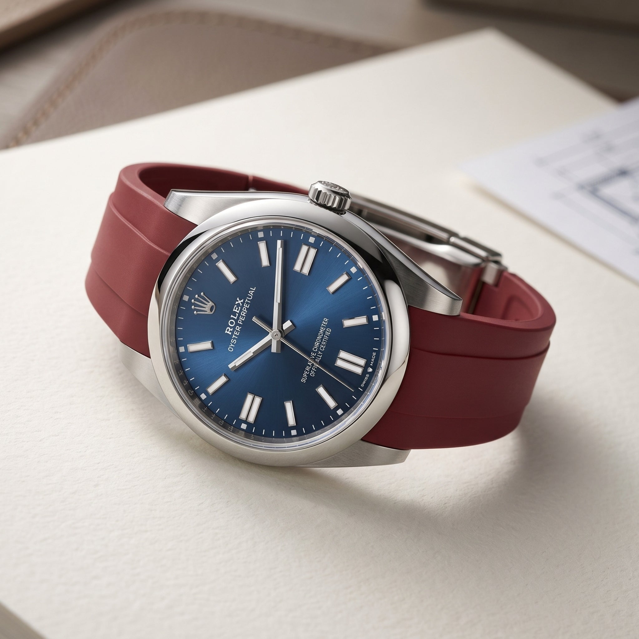 Deployant Rubber Strap - For Rolex Oyster Perpetual 41mm - Bordeaux - Helvetus