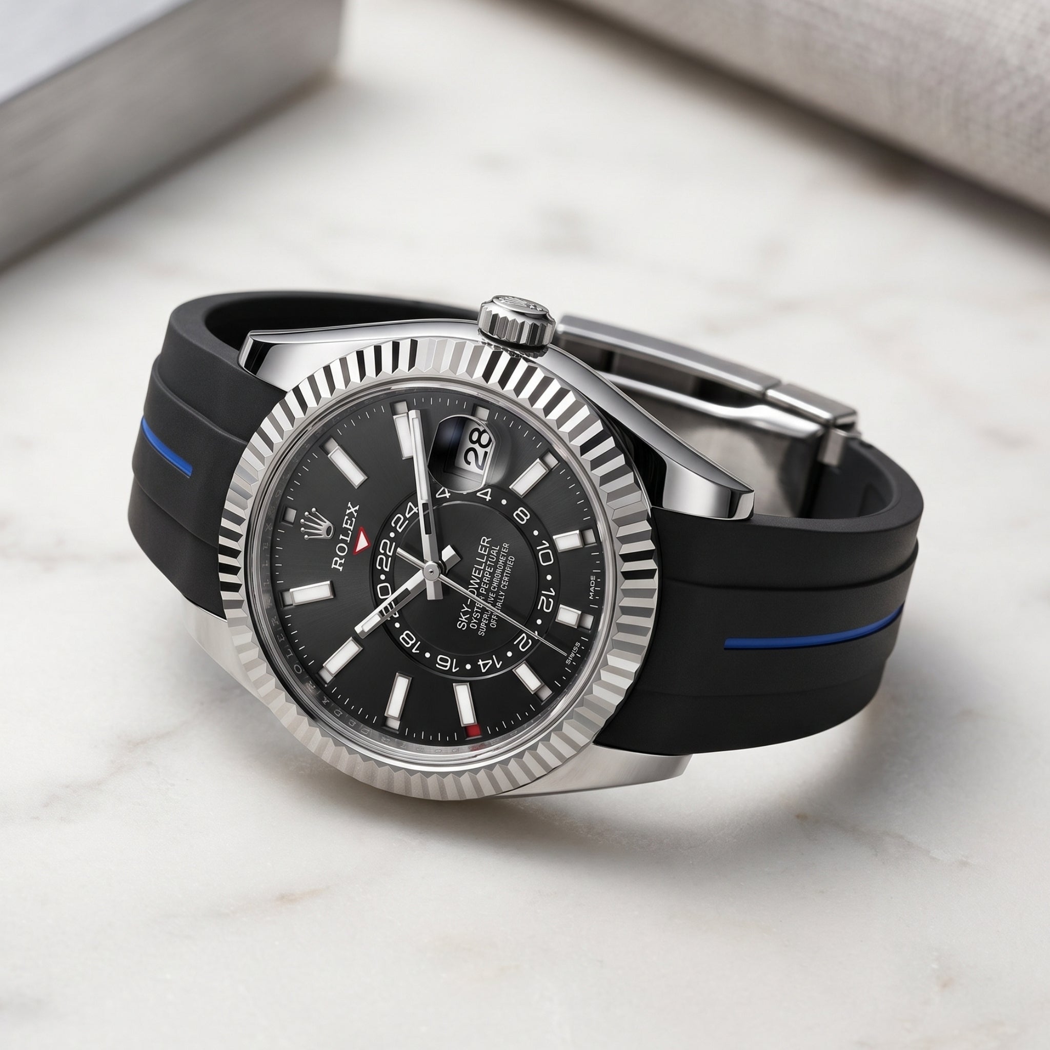 Deployant Rubber Strap - For Rolex Sky-Dweller - Black w/Blue Line | LuxLine® - Helvetus