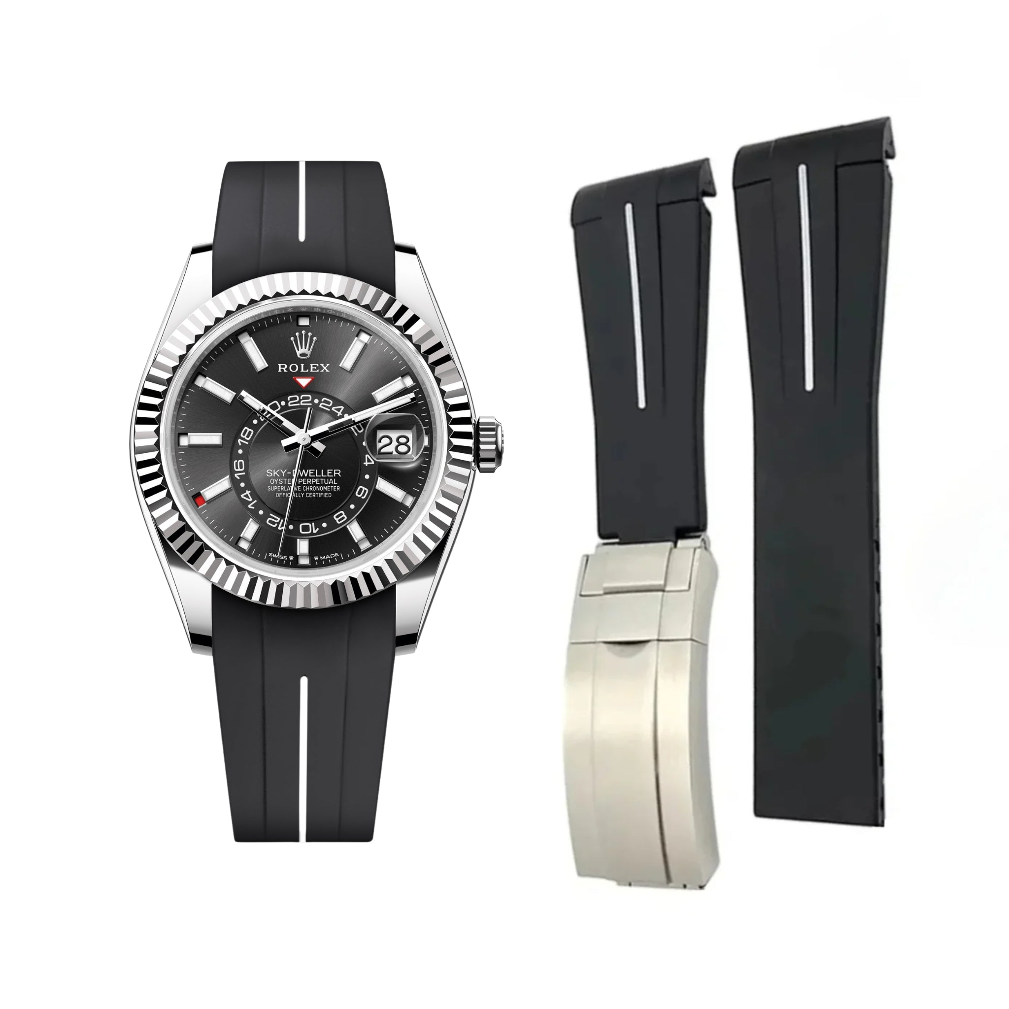 Deployant Rubber Strap - For Rolex Sky - Dweller - Black w/White Line | LuxLine® - Helvetus