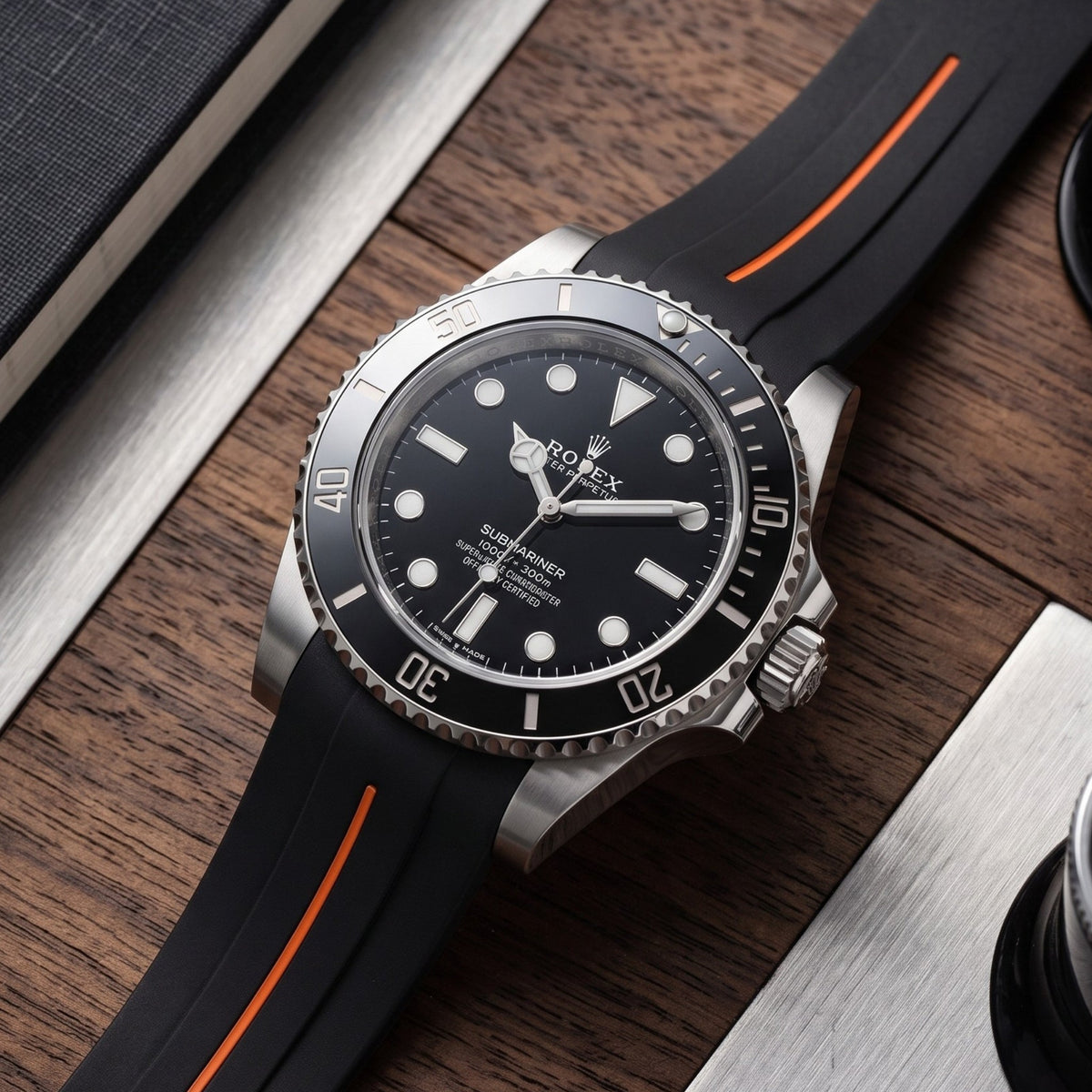 Deployant Rubber Strap - For Rolex Submariner - Black w/Orange Line | LuxLine® - Helvetus