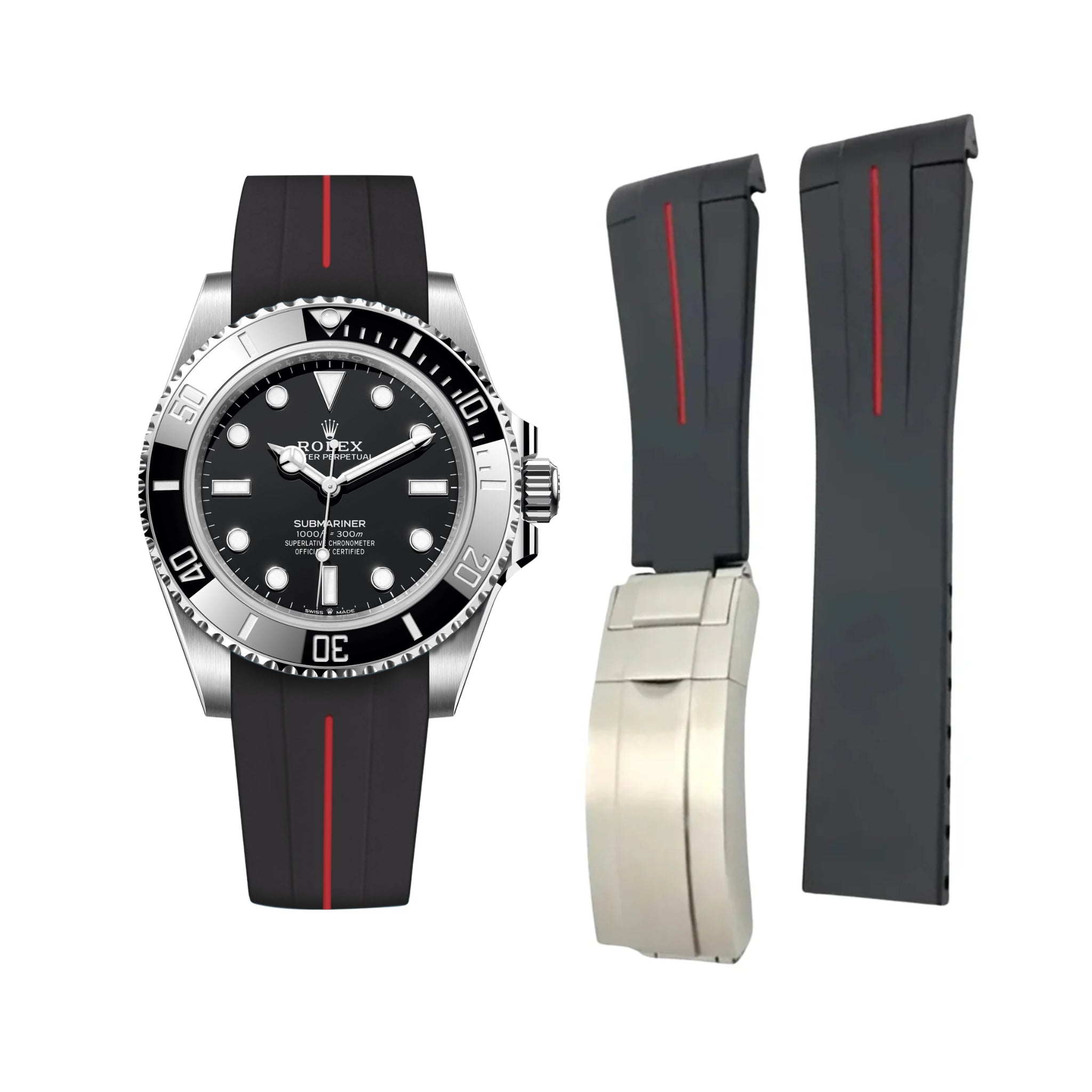 Deployant Rubber Strap - For Rolex Submariner - Black w/Red Line | LuxLine® - Helvetus