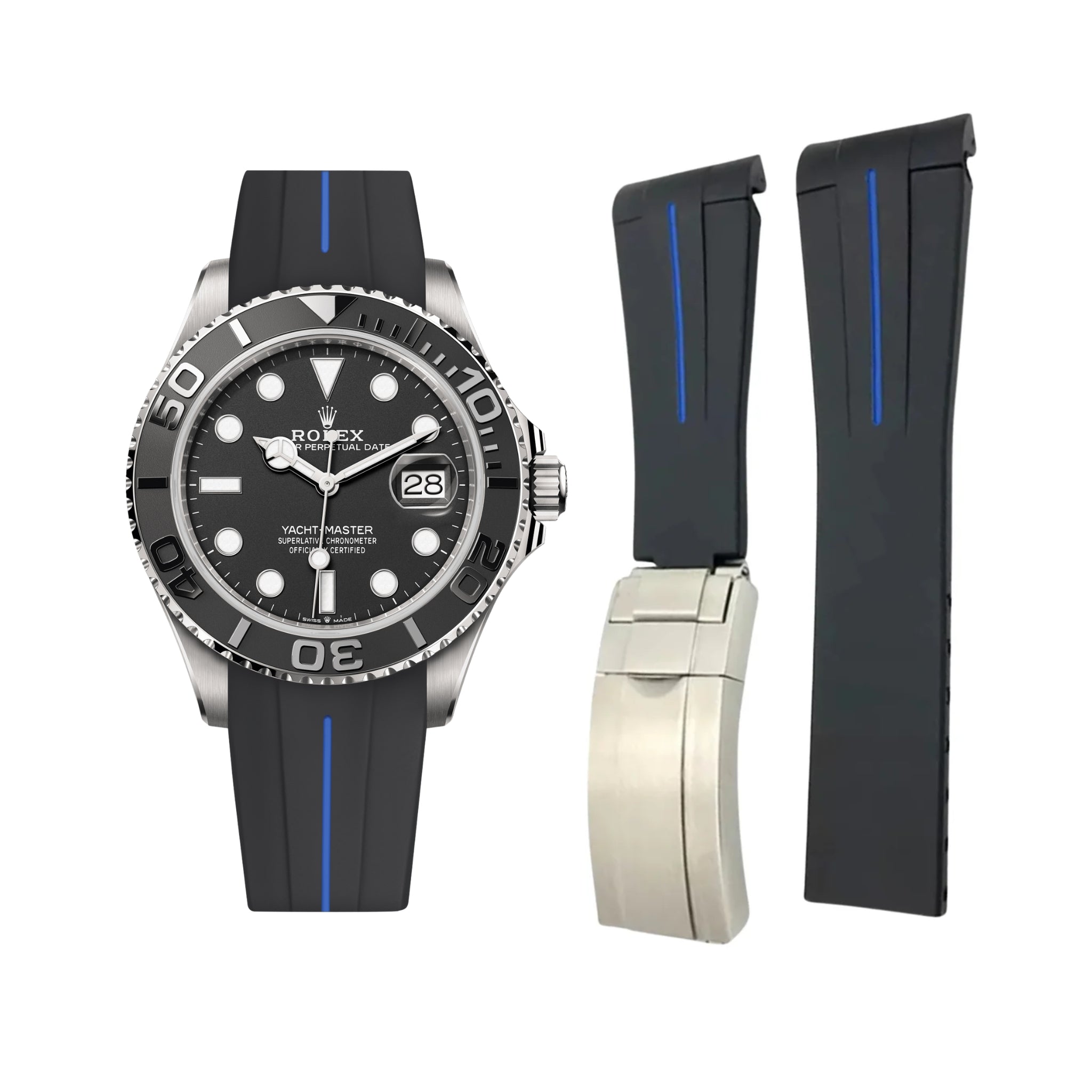 Deployant Rubber Strap - For Rolex Yacht - Master - Black w/Blue Line | LuxLine® - Helvetus