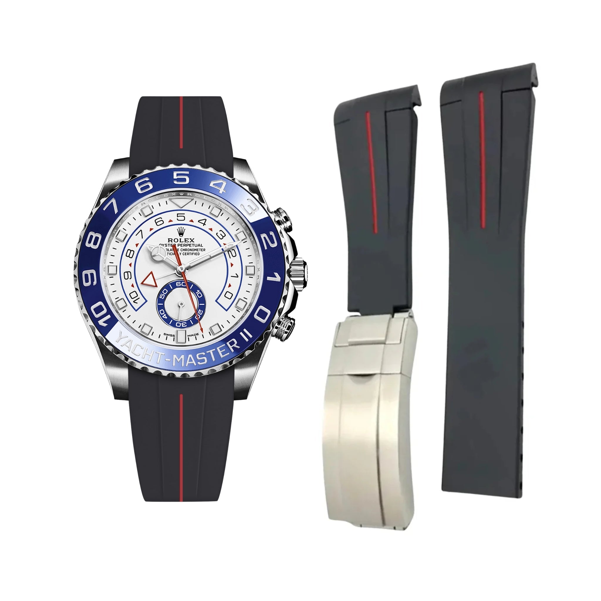 Deployant Rubber Strap - For Rolex Yacht - Master II - Black w/Red Line | LuxLine® - Helvetus