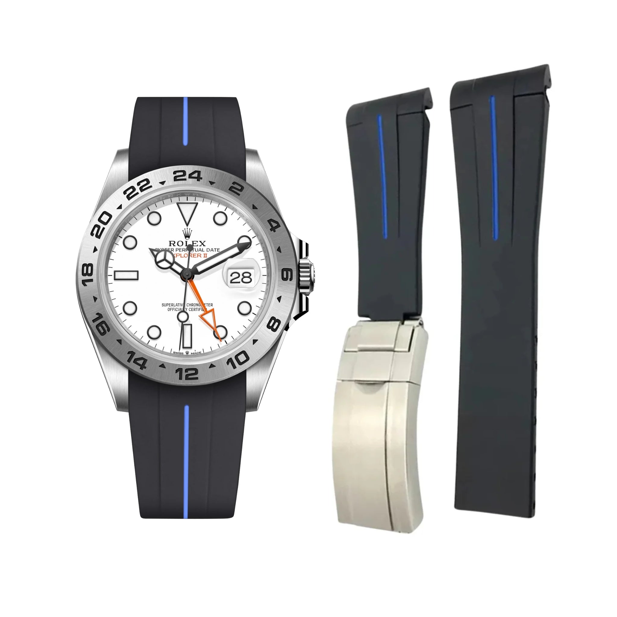 Deployant Strap - For Rolex Explorer II - Black w/Blue Line | LuxLine® - Helvetus