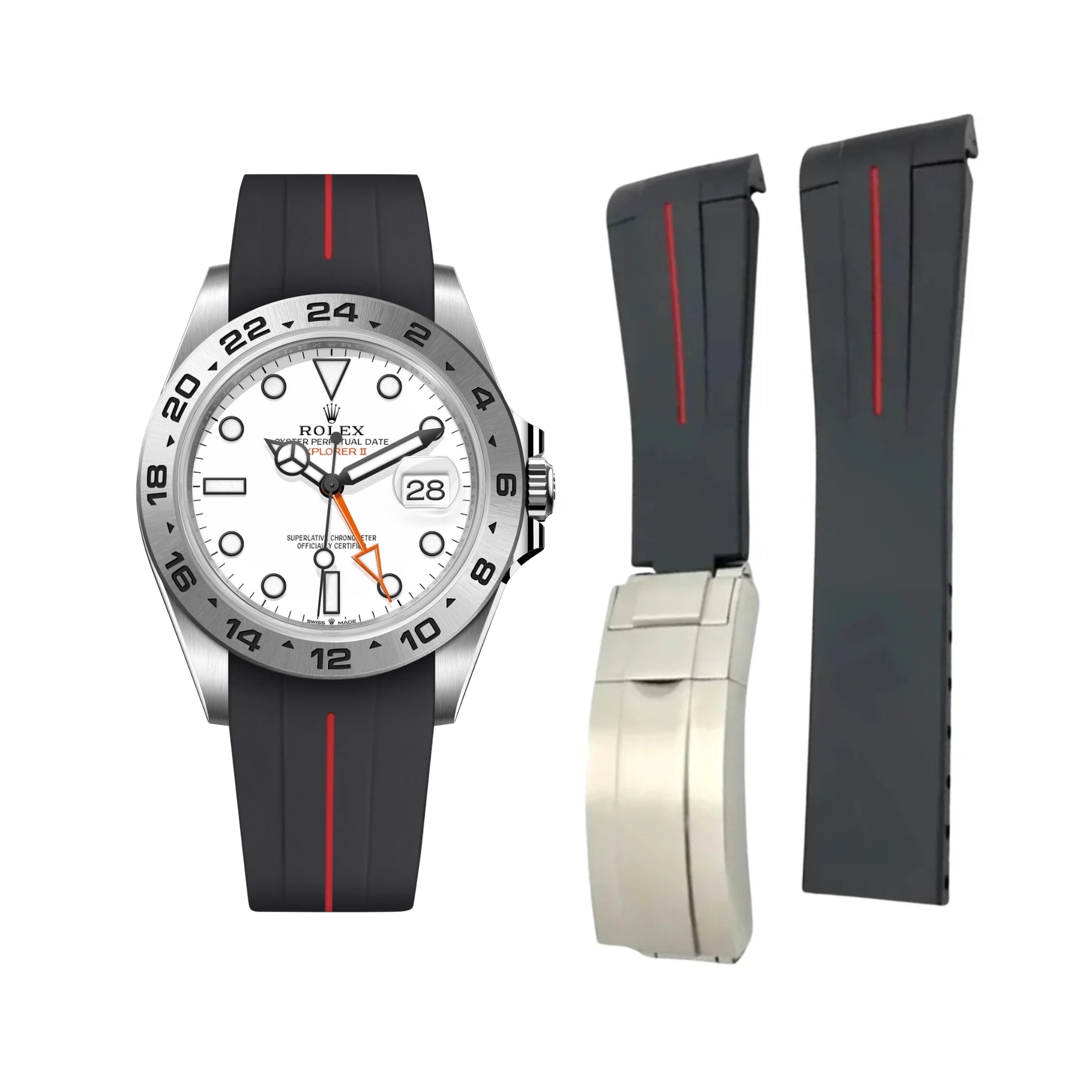 Deployant Strap - For Rolex Explorer II - Black w/Red Line | LuxLine® - Helvetus