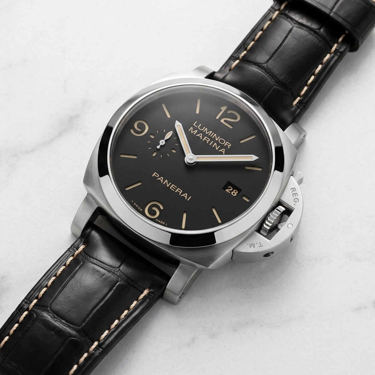 Leather Pattern Strap - For Panerai - Black/White - Helvetus