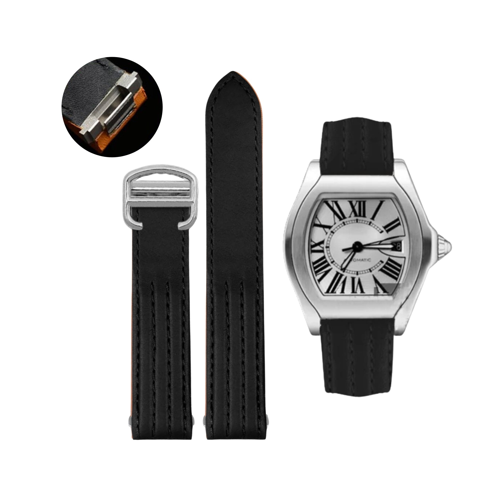 Leather Strap - For Cartier Roadster - Flat Black - Helvetus