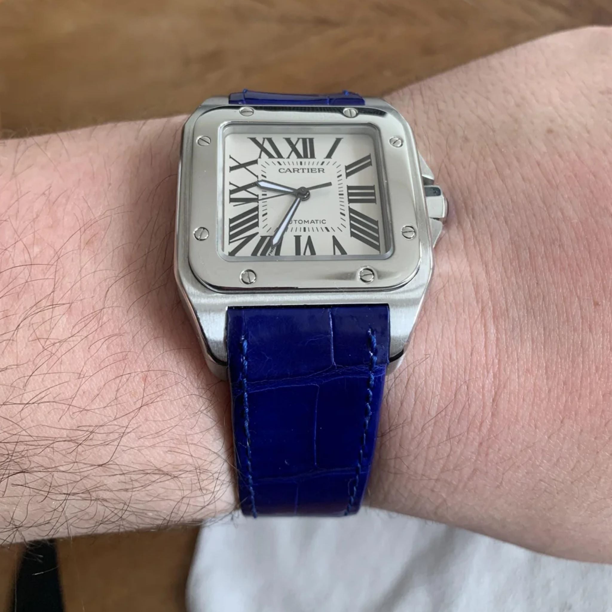 Leather Strap - For Cartier Santos 100 - Blue - Helvetus