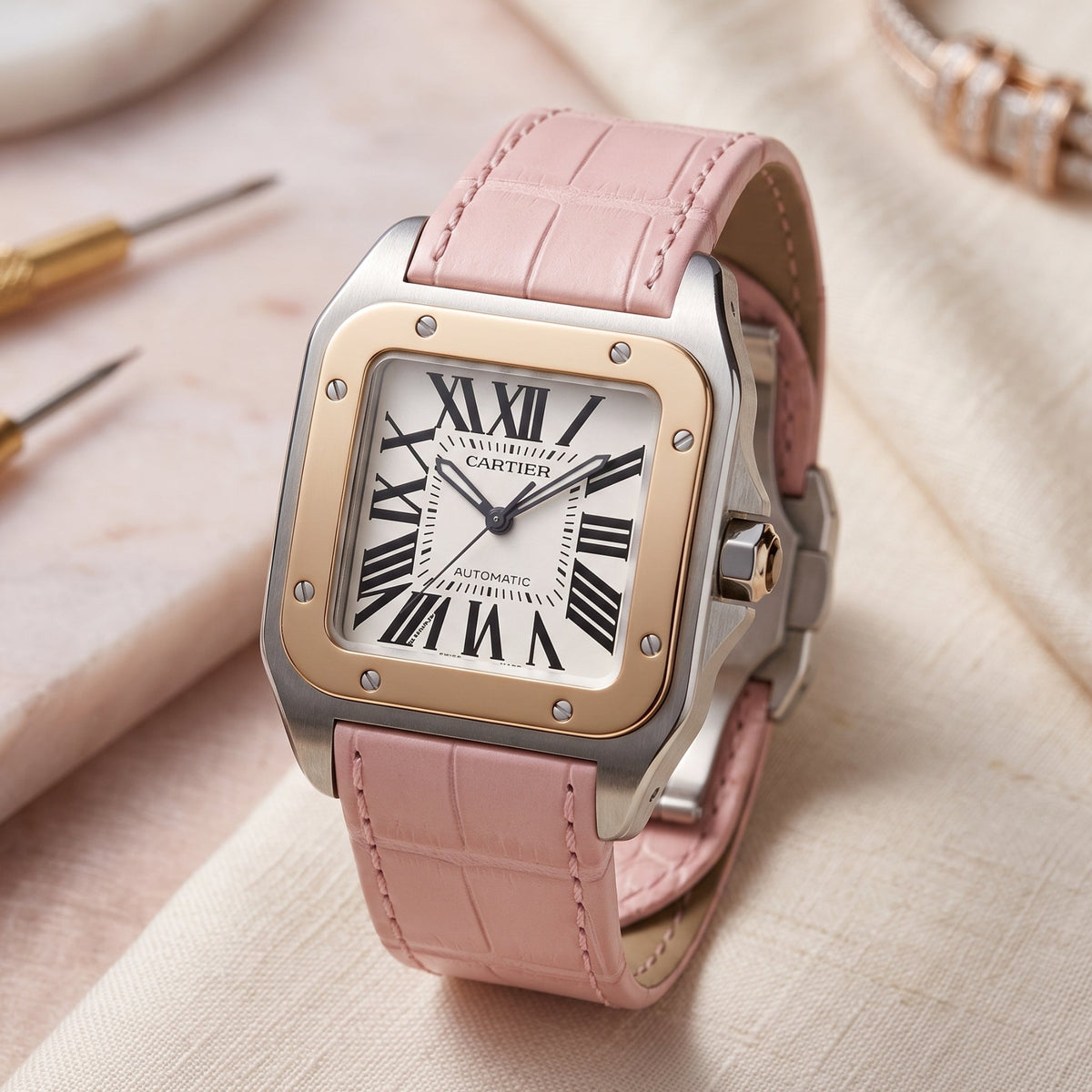 Leather Strap - For Cartier Santos 100 - Pink - Helvetus