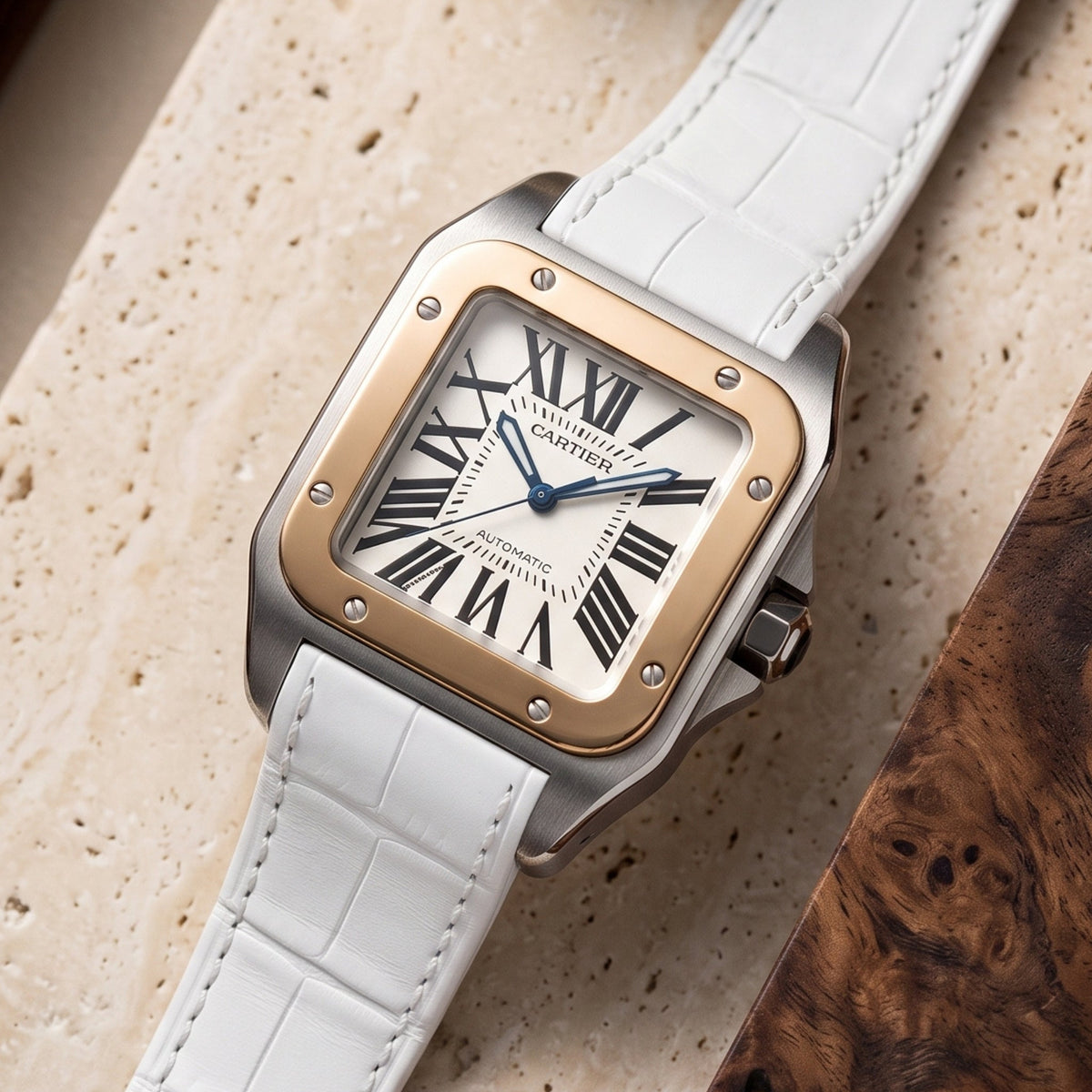 Leather Strap - For Cartier Santos 100 - White - Helvetus