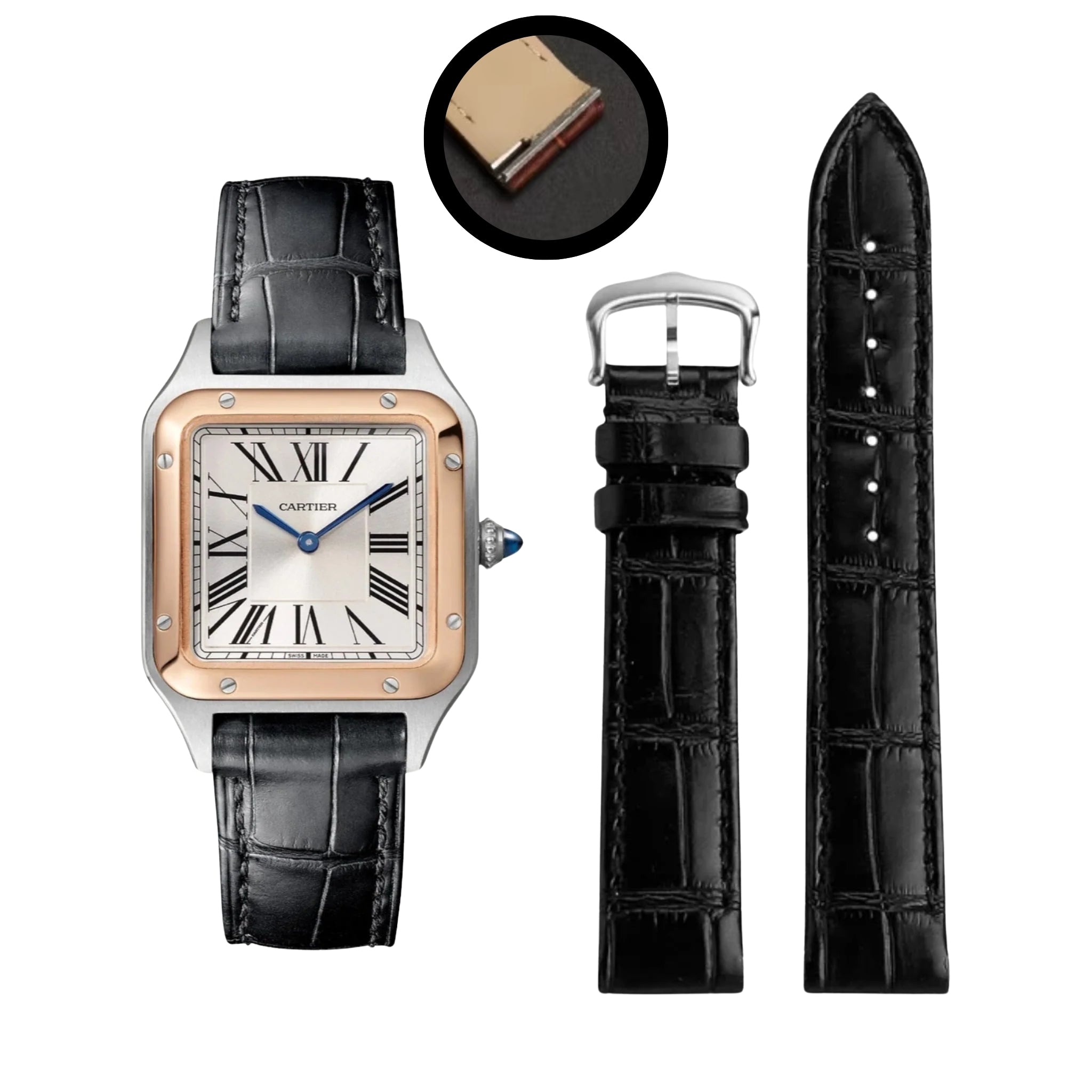 Leather Strap - For Cartier Santos Dumont - Black - Helvetus