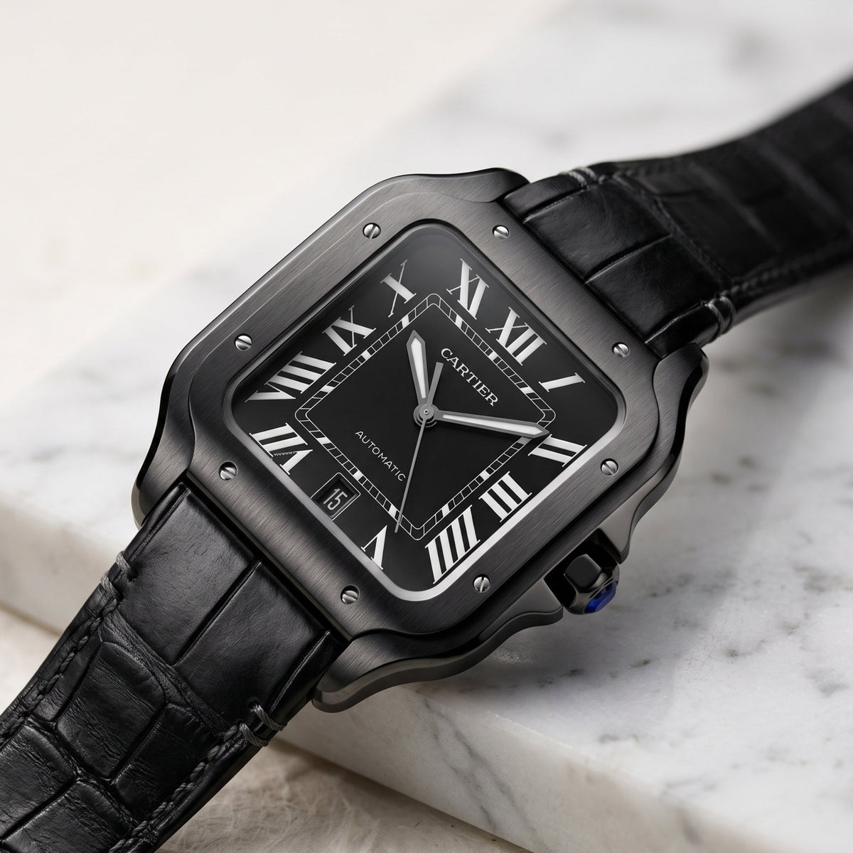 Leather Strap - For Cartier Santos Medium/Large - Black - Quick Switch/Release - Helvetus