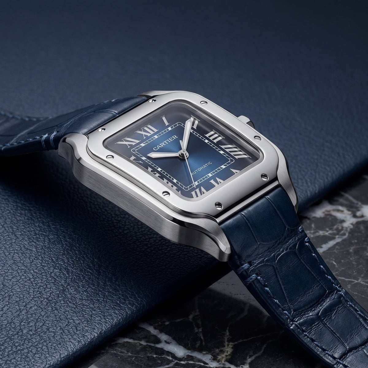Leather Strap - For Cartier Santos Medium/Large - Blue - Quick Switch/Release - Helvetus