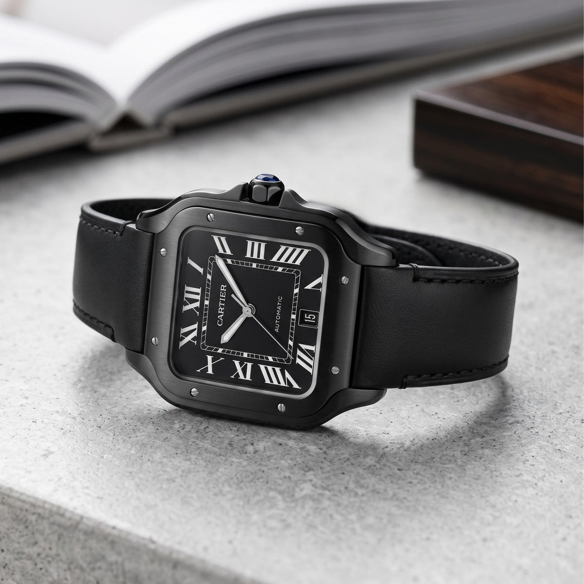 Leather Strap - For Cartier Santos Medium/Large - Flat Black - Quick Switch/Release - Helvetus