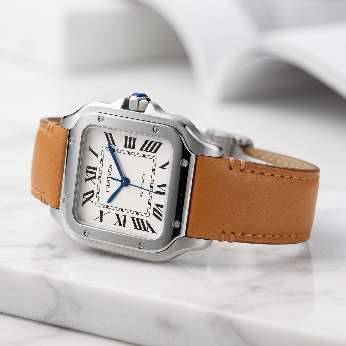Leather Strap - For Cartier Santos Medium/Large - Flat Orange - Quick Switch/Release - Helvetus