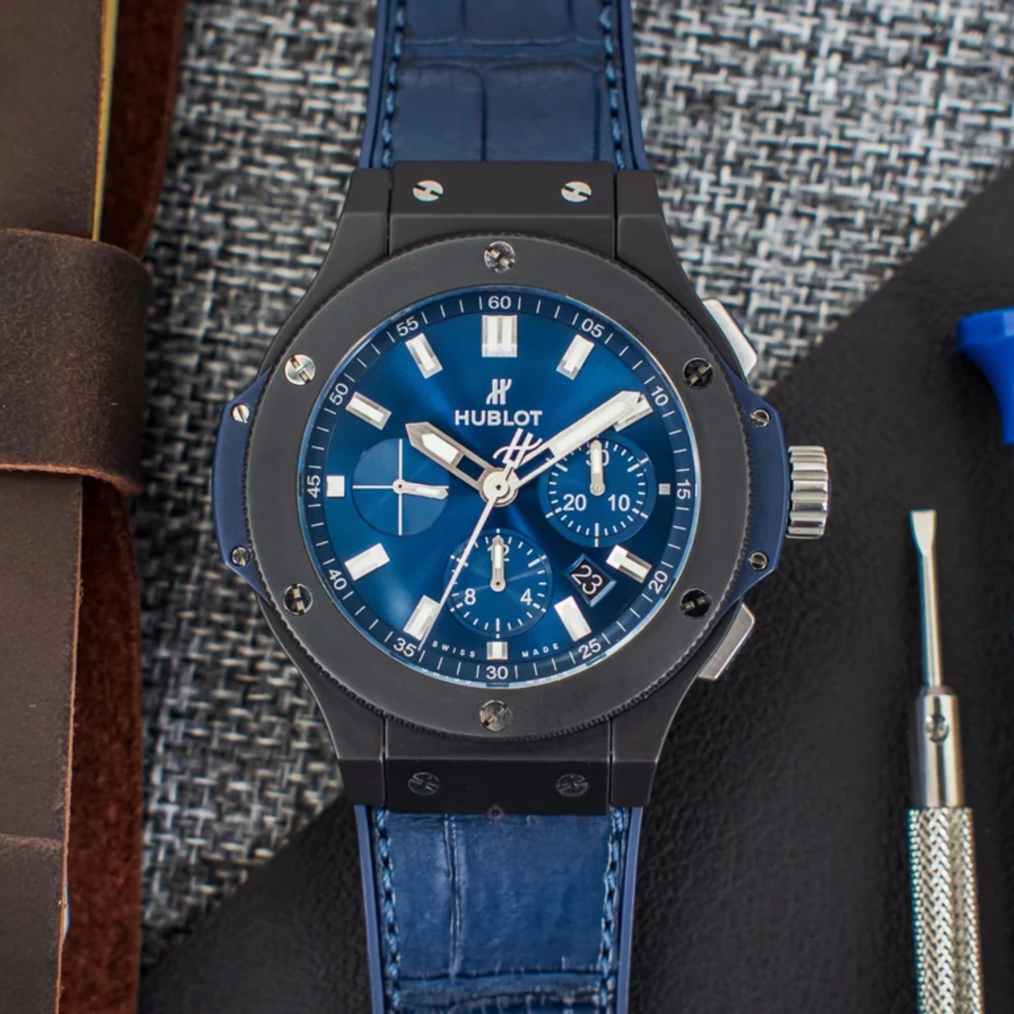 Leather Strap - For Hublot Big Bang 44mm - Navy Blue - Helvetus