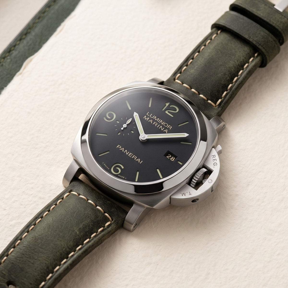 Leather Strap - For Panerai - Olive Green - Helvetus