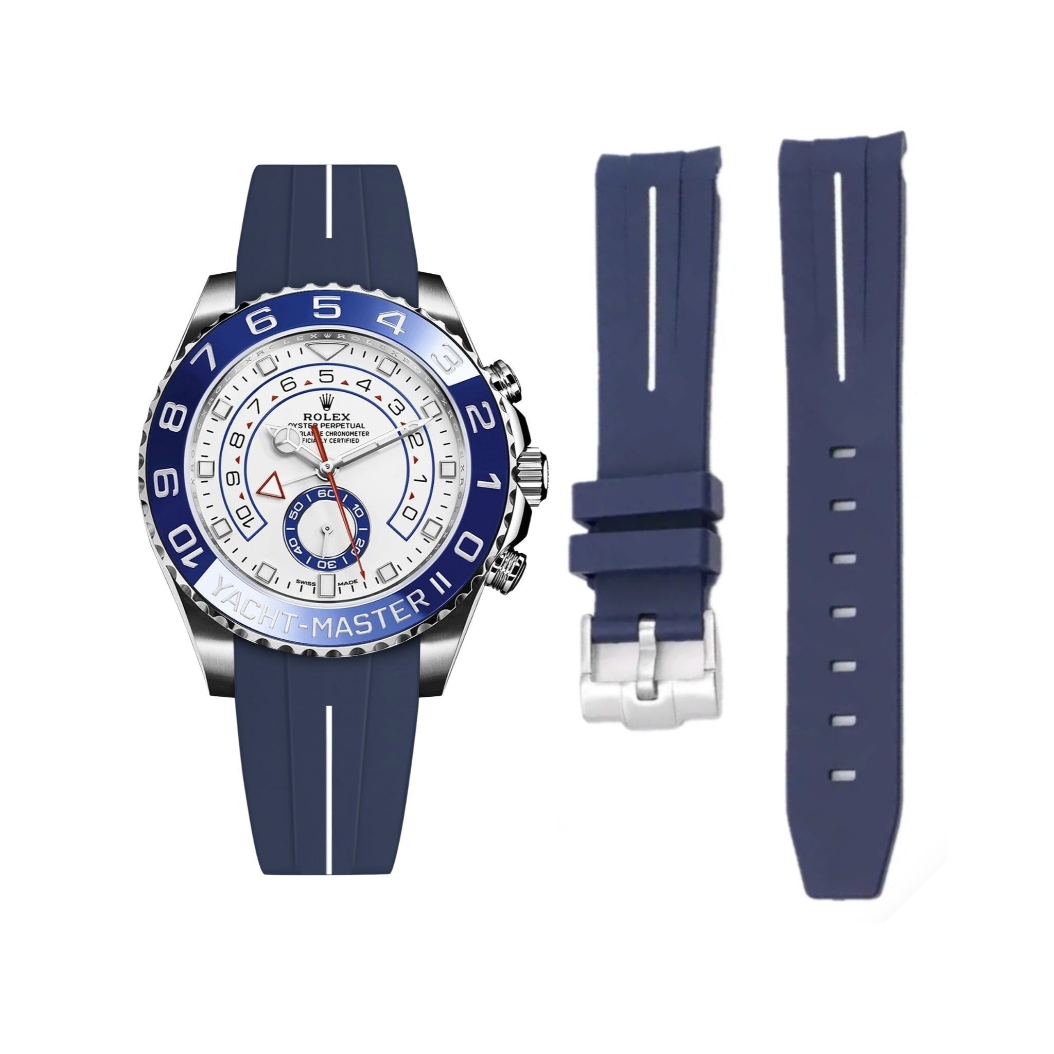 Rubber Strap - For Rolex Yacht-Master II 44mm - Navy Blue w/White Line | LuxLine®