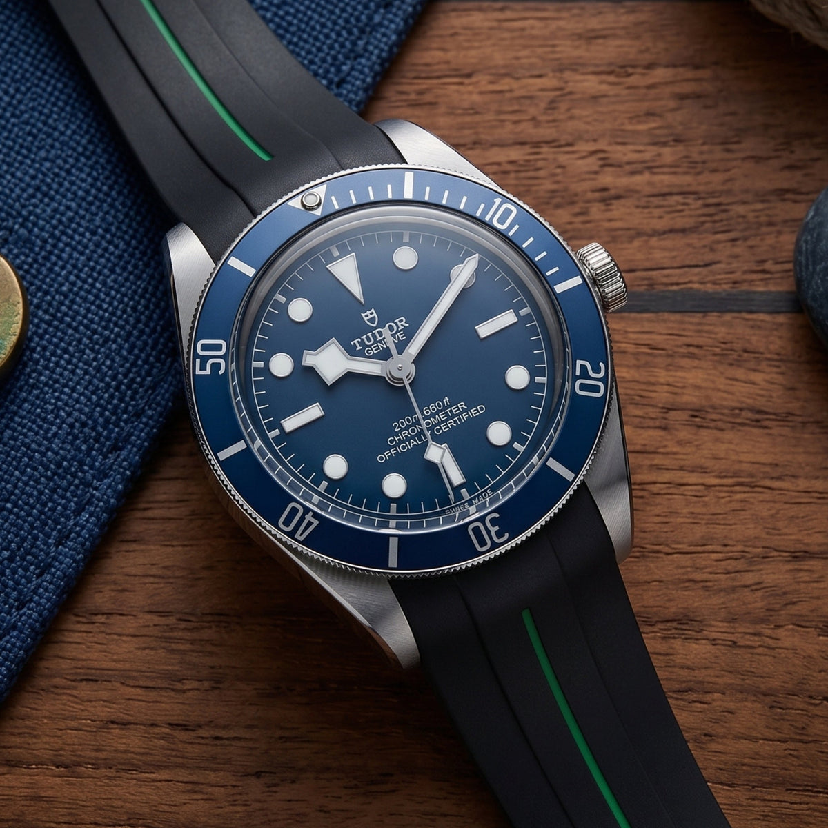 Rubber Strap - For all Tudor Black Bay Models - Black w/Green Line | LuxLine® - Helvetus