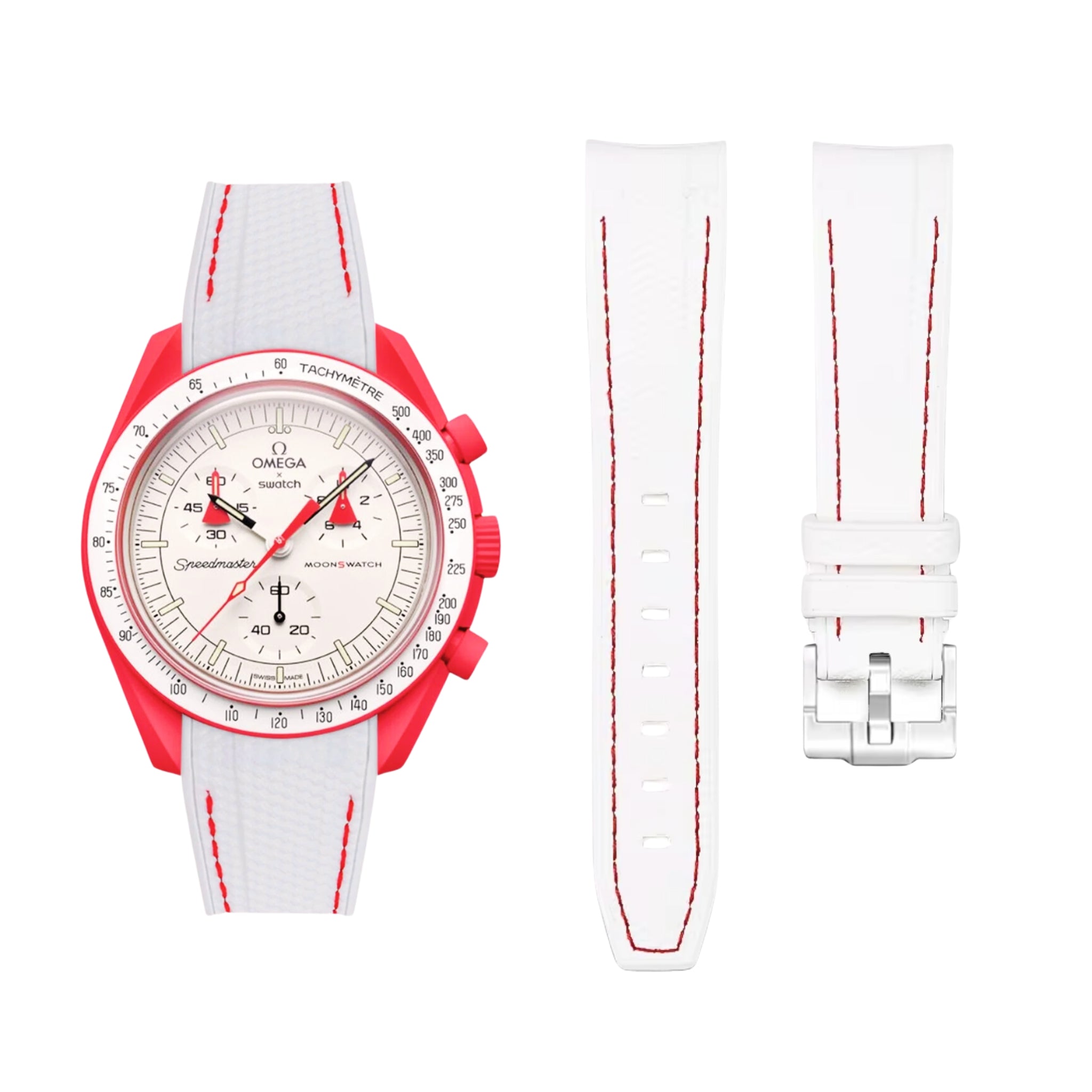 Rubber Strap - For Mission to Mars | Omega X Swatch | MoonSwatch - White w/Red - Helvetus