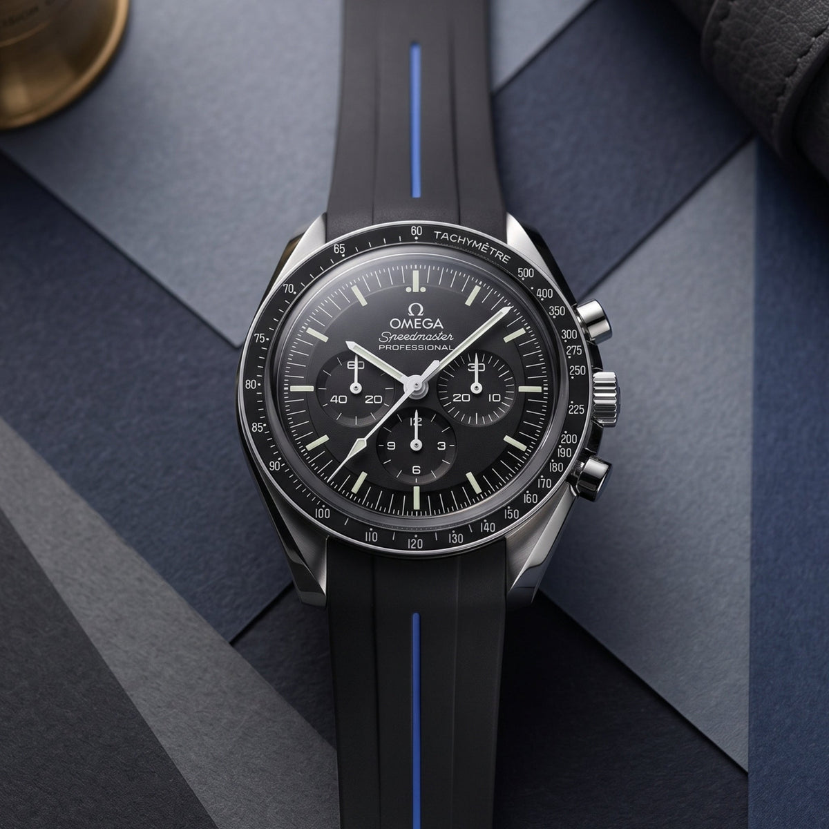Rubber Strap - For Omega Speedmaster - Black w/Blue Line | LuxLine® - Helvetus