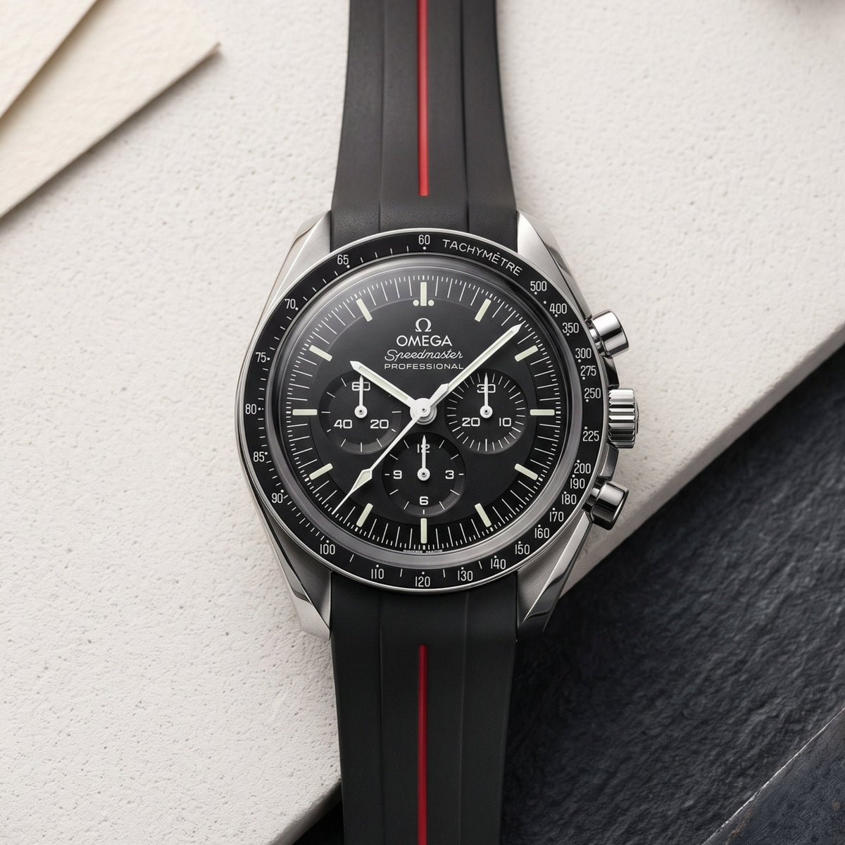 Rubber Strap - For Omega Speedmaster - Black w/Red Line | LuxLine® - Helvetus