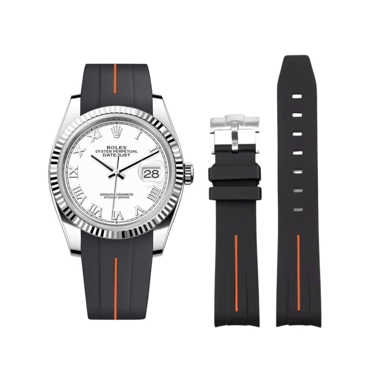 Rubber Strap - For Rolex Datejust 36 - Black w/Orange Line | LuxLine® - Helvetus