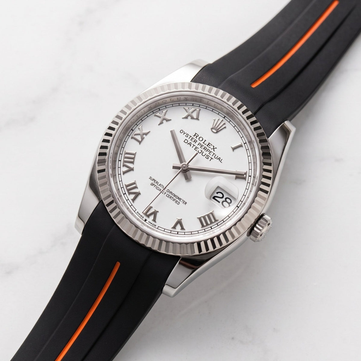 Rubber Strap - For Rolex Datejust 36 - Black w/Orange Line | LuxLine® - Helvetus