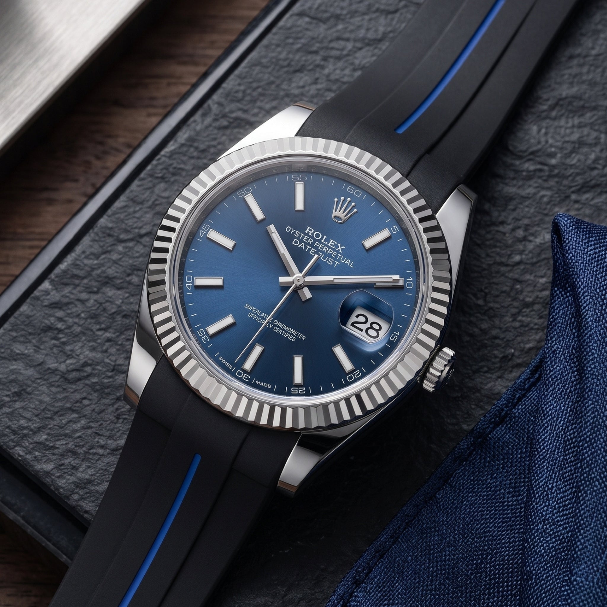 Rubber Strap - For Rolex Datejust 41mm - Black w/Blue Line | LuxLine® - Helvetus