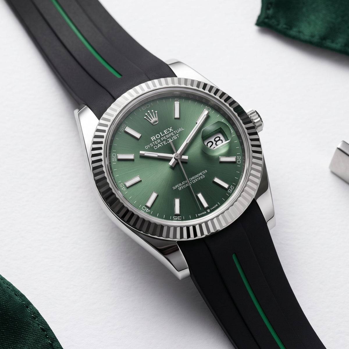 Rubber Strap - For Rolex Datejust 41mm - Black w/Green Line | LuxLine® - Helvetus