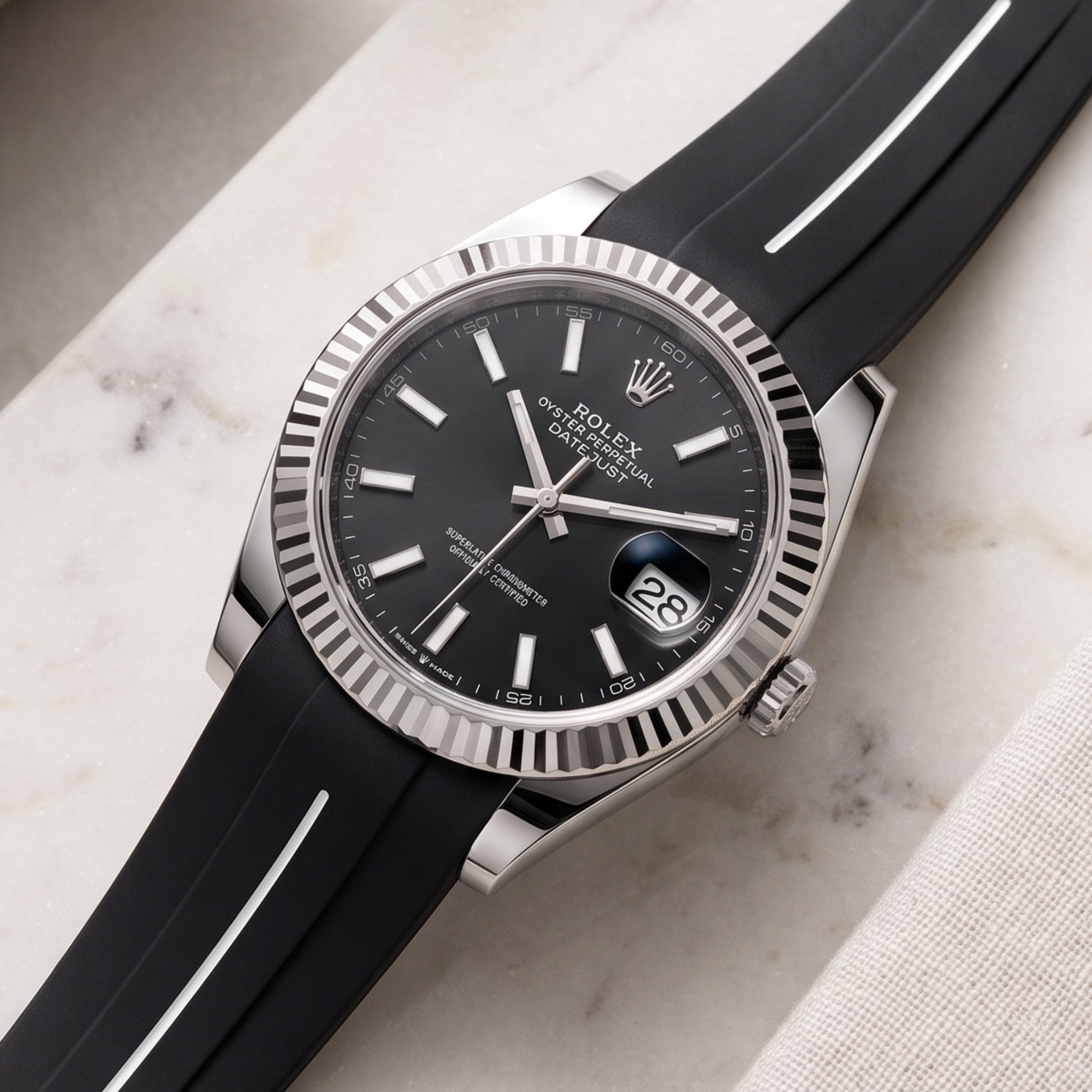 Rubber Strap - For Rolex Datejust 41mm - Black w/White Line | LuxLine® - Helvetus