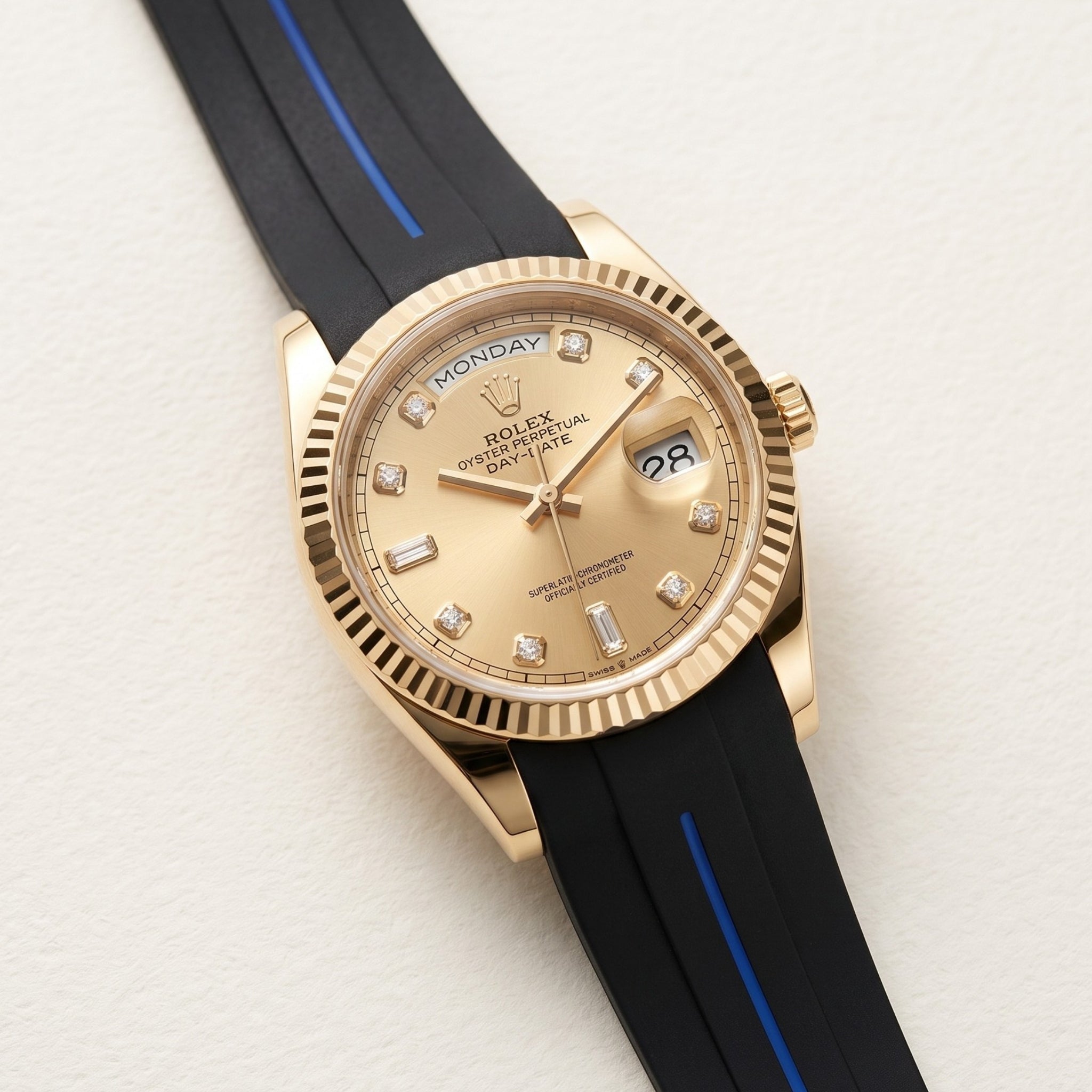 Rubber Strap - For Rolex Day-Date 36mm - Black w/Blue Line | LuxLine® - Helvetus