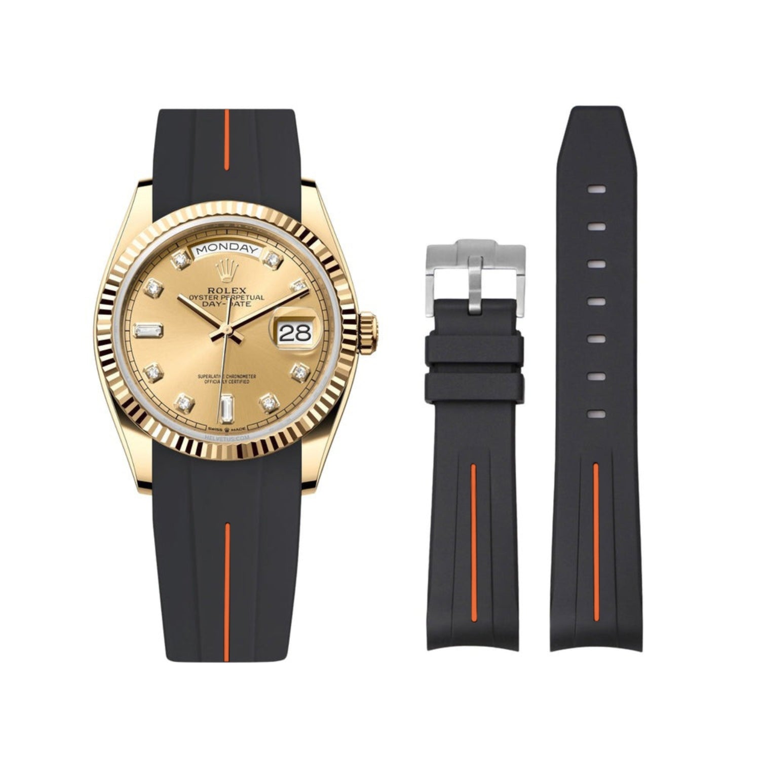 Rubber Strap - For Rolex Day - Date 36mm - Black w/Orange Line | LuxLine® - Helvetus