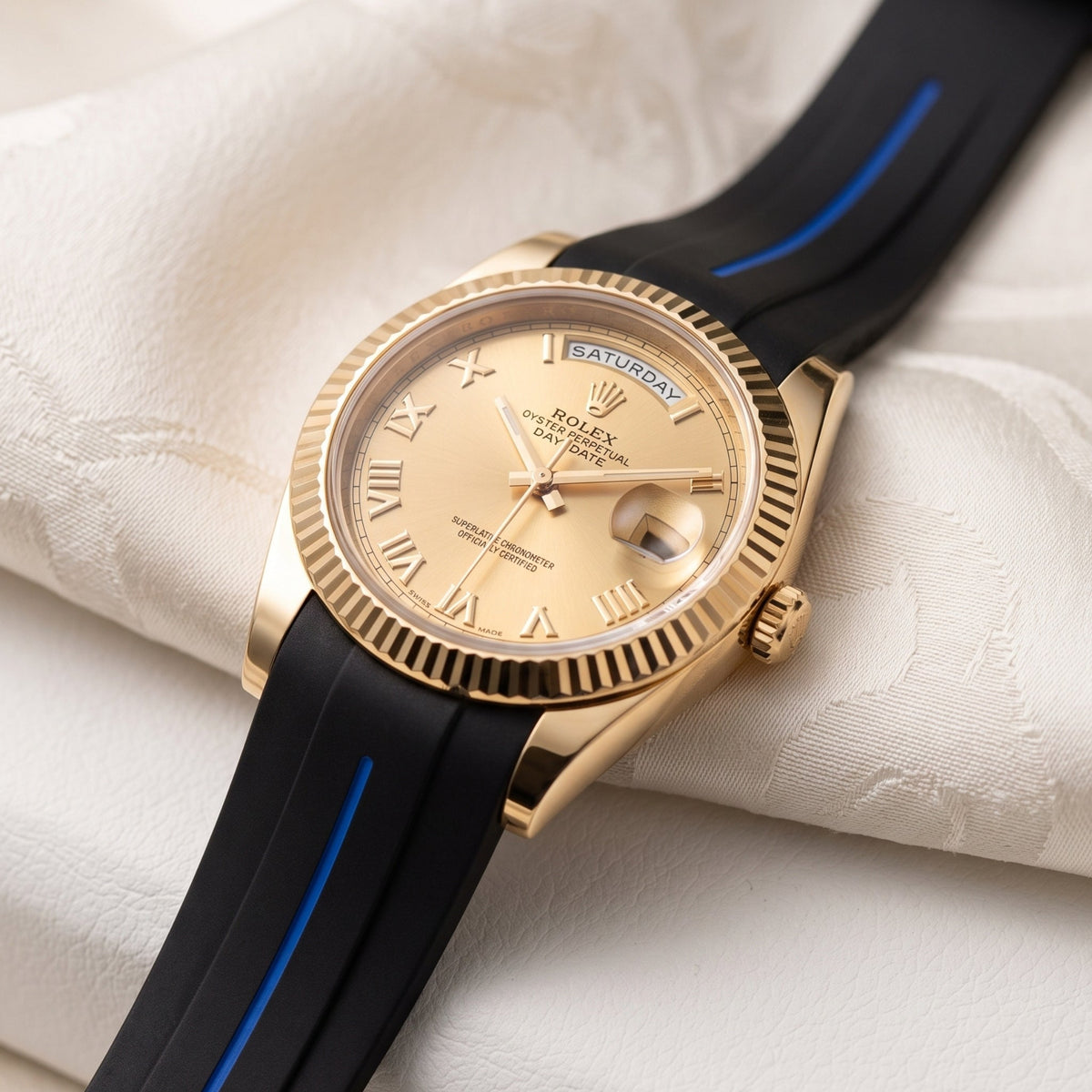 Rubber Strap - For Rolex Day-Date II 41mm - Black w/Blue Line | LuxLine® - Helvetus