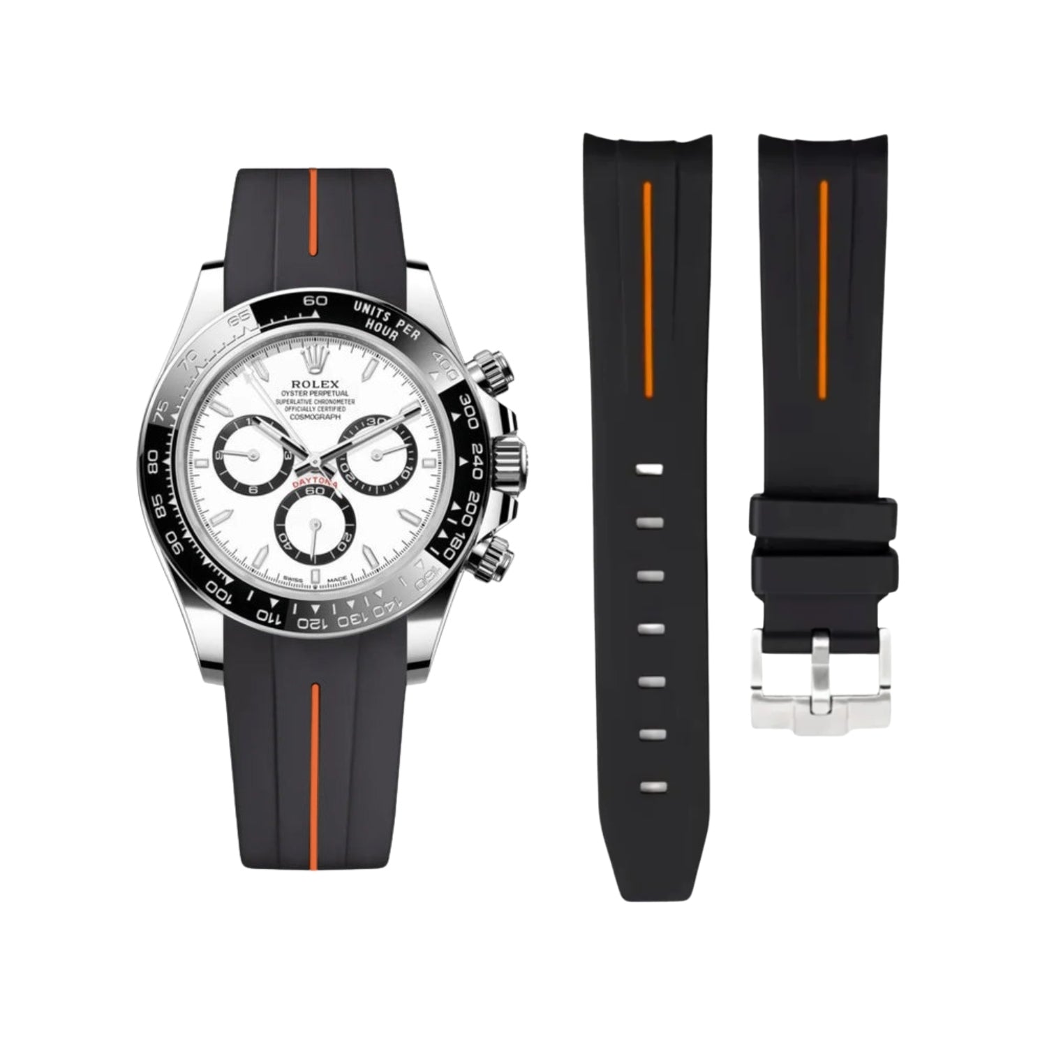 Rubber Strap - For Rolex Daytona - Black w/Orange Line | LuxLine® - Helvetus