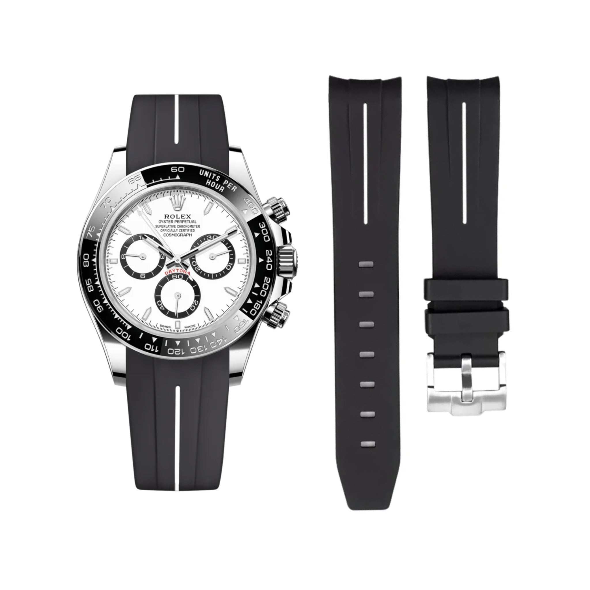 Rubber Strap - For Rolex Daytona - Black w/White Line | LuxLine® - Helvetus