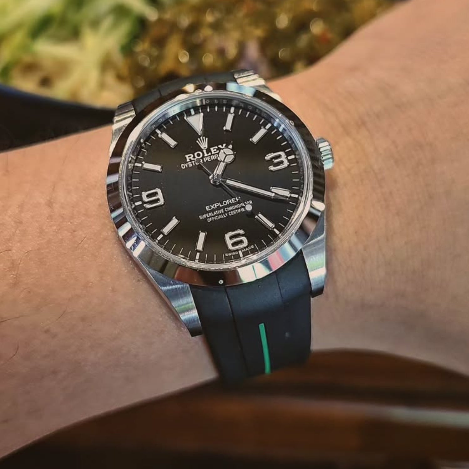 Rubber Strap - For Rolex Explorer I - Black w/Green Line | LuxLine® - Helvetus