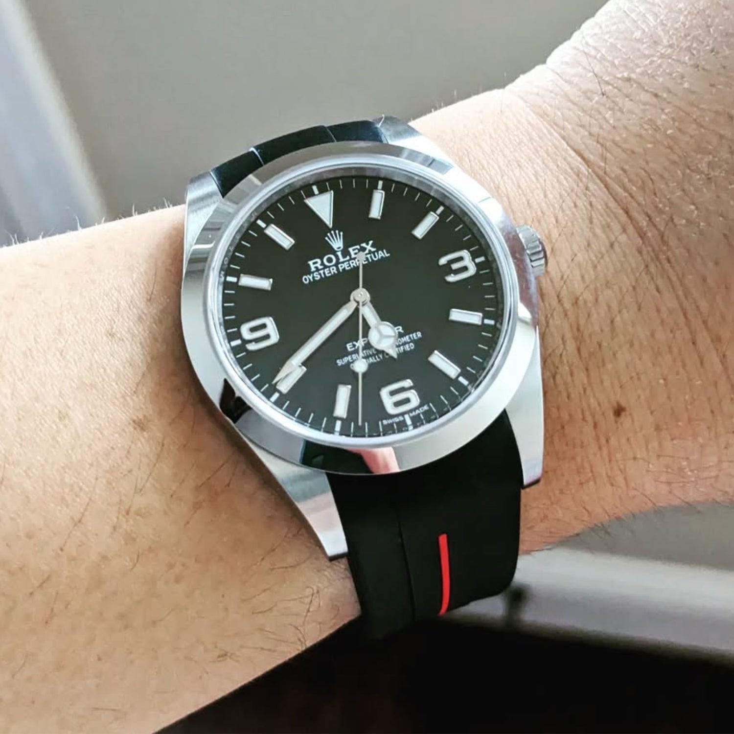 Rubber Strap - For Rolex Explorer I - Black w/Red Line | LuxLine® - Helvetus